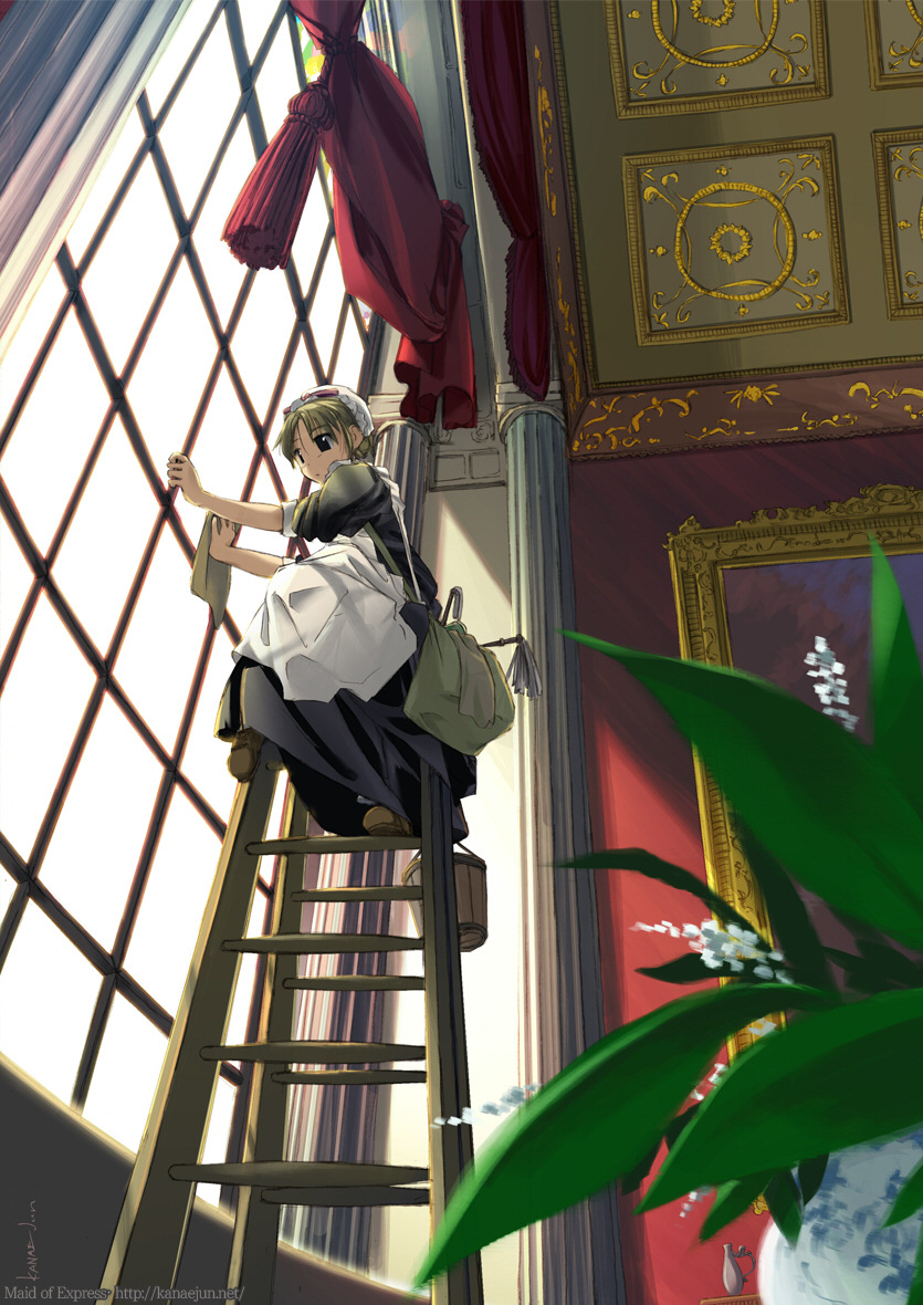 kanae jun, original, bad id, bad pixiv id, 1girl, apron, bag, blonde hair, bucket, cleaning, female focus, from below, hairband, ladder, maid, maid apron, painting (object), plant, potted plant, slice of life, solo, window