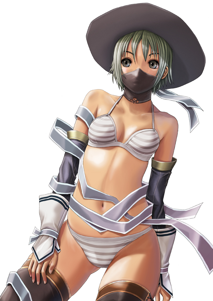 v-mag, capcom, monster hunter (series), monster hunter frontier, 1girl, bikini, boots, bottomless, bra, detached sleeves, female focus, green eyes, green hair, grey bra, grey panties, hat, lien (armor), lingerie, mask, matching hair/eyes, navel, panties, solo, standing, striped bra, striped clothes, striped panties, swimsuit, thigh boots, thighhighs, underwear, underwear only