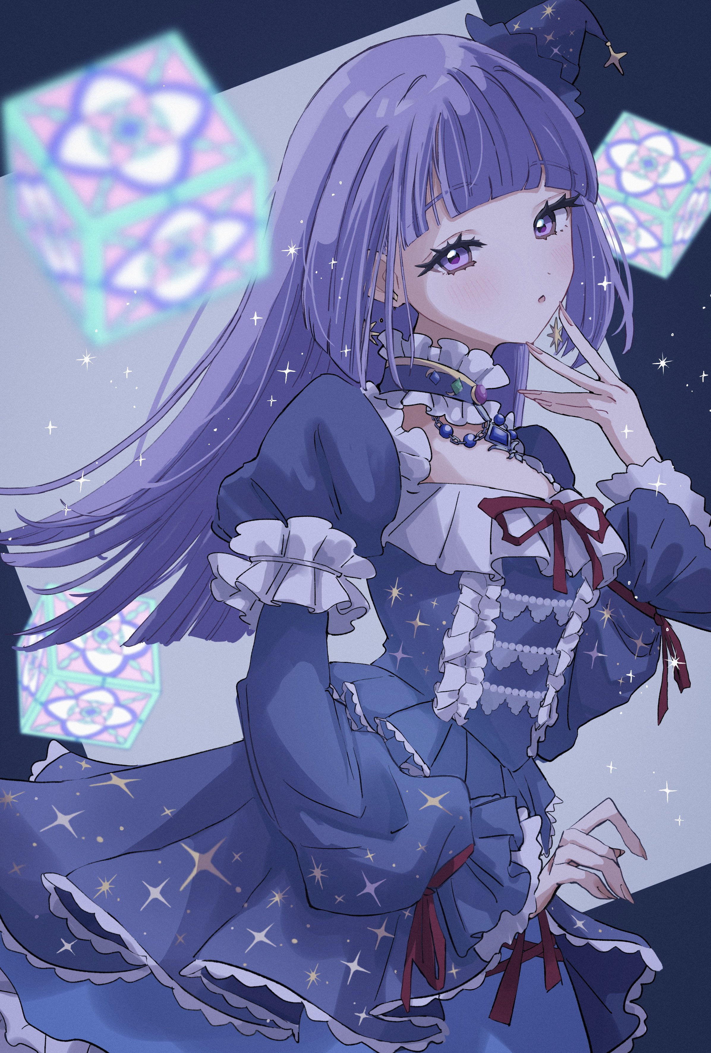 guri (ak1002s), hikami sumire, aikatsu! (series), absurdres, highres, 1girl, blue dress, blunt bangs, blunt ends, blunt sidelocks, blurry, center frills, collar, depth of field, dress, earrings, frilled collar, frilled dress, frilled sleeves, frills, hat, jewelry, juliet sleeves, long hair, long sleeves, mini hat, puffy sleeves, purple eyes, purple hair, red ribbon, ribbon, sidelocks, solo, sparkle, witch hat