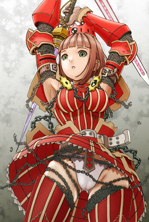 v-mag, teostra (armor), capcom, monster hunter (series), md5 mismatch, resolution mismatch, source larger, 1girl, armor, armored dress, armpits, brown hair, chain, dress, female focus, green eyes, panties, pantyshot, solo, sword, thighhighs, underwear, upskirt, weapon, white panties, wind, wind lift