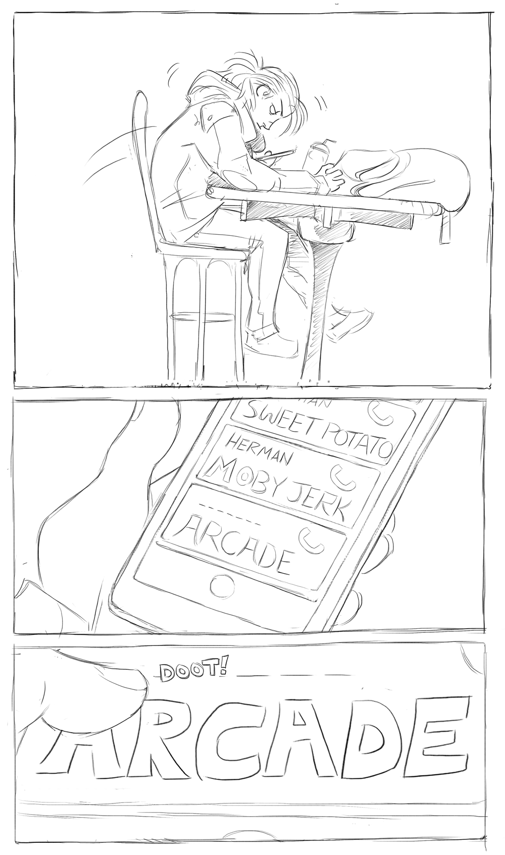 highres, 1girl, bag, cellphone, chair, drink, drinking straw, greekceltic, hood, hoodie, jacky (greekceltic), pants, phone, ponytail, school bag, shirt, shoes, sitting, smartphone, solo, table