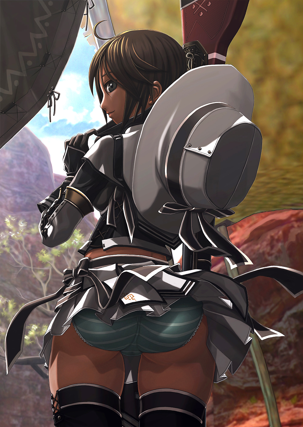 v-mag, capcom, monster hunter (series), monster hunter frontier, highres, 1girl, ahoge, alternate color, ass, blouse, boots, brown eyes, brown hair, elbow gloves, female focus, gloves, green panties, hat, lace, lace-trimmed panties, lace trim, lien (armor), looking back, miniskirt, panties, pantyshot, pleated skirt, shirt, skirt, solo, standing, striped clothes, striped panties, thigh boots, thighhighs, trefoil, underwear, upskirt, wind, wind lift