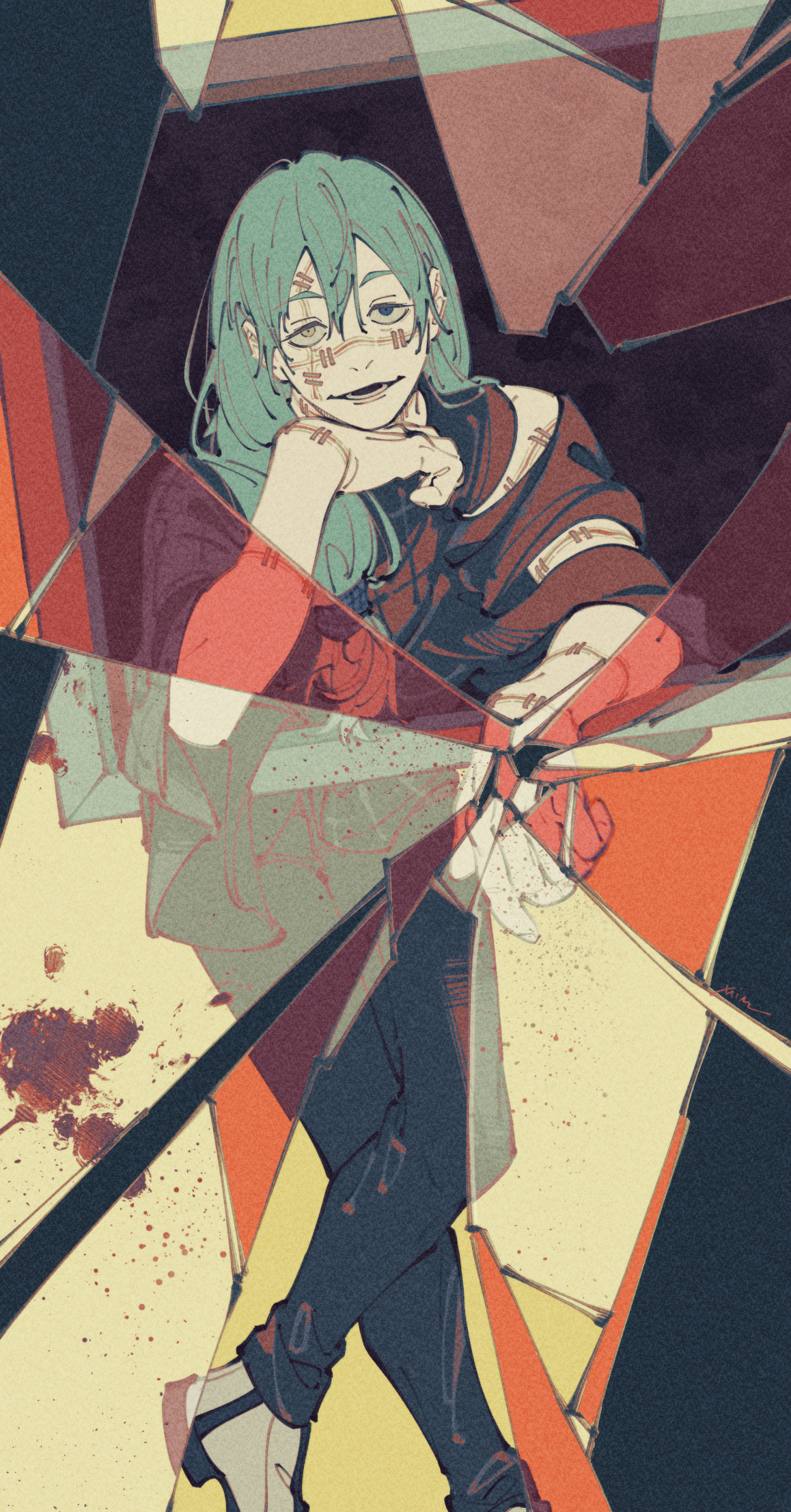 mim (mimya0600), mahito (jujutsu kaisen), jujutsu kaisen, commentary, highres, 1boy, black pants, black shirt, blood, blue eyes, cursed spirit (jujutsu kaisen), double-parted bangs, film grain, hair between eyes, head rest, heterochromia, long hair, male focus, open mouth, palmar flexion, pants, shirt, shoes, smile, solo, standing, stitched arm, stitched face, stitched wrist, stitches, white shoes, yellow eyes