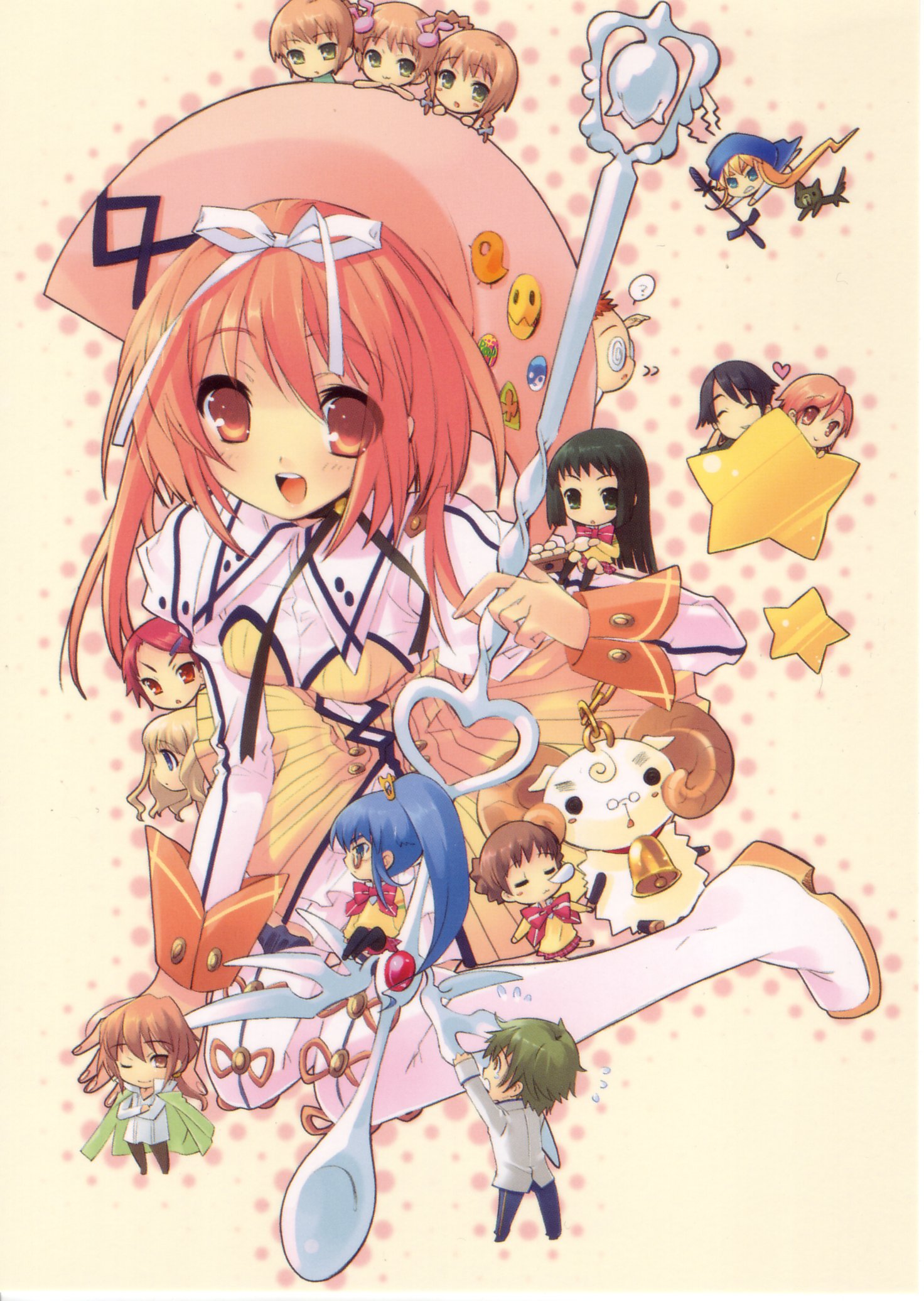 ito noizi, akihime seishirou, akihime sumomo, amamori yayoi, arthur matsuda, asamiya akino, asamiya natsuki, asamiya toua, fukamichi nobuko, kisaragi natsume, koiwai flora, matsuda (nanatsuiro drops), prima aspallas, sakuraba keisuke, yaeno nadeshiko, yuki-chan, yuuki nona, nanatsuiro drops, character request, highres, 00s, 4boys, 6+girls, ?, badge, bell, black hair, blonde hair, blue eyes, bread, brown eyes, brown hair, cape, chain, chibi, dog, dress, everyone, floating, flying, food, glasses, green eyes, green hair, groucho glasses, hair ornament, hairclip, hat, heart, jacket, jacket on shoulders, kneehighs, long hair, looking afar, multiple boys, multiple girls, nose bubble, one eye closed, orange hair, pet, pink eyes, pink hair, ponytail, red eyes, red hair, ribbon, short hair, simple background, skirt, sleeping, socks, spoon, star (symbol), stuffed animal, stuffed toy, sweat, teardrop, triplets, weapon, wink, yellow eyes