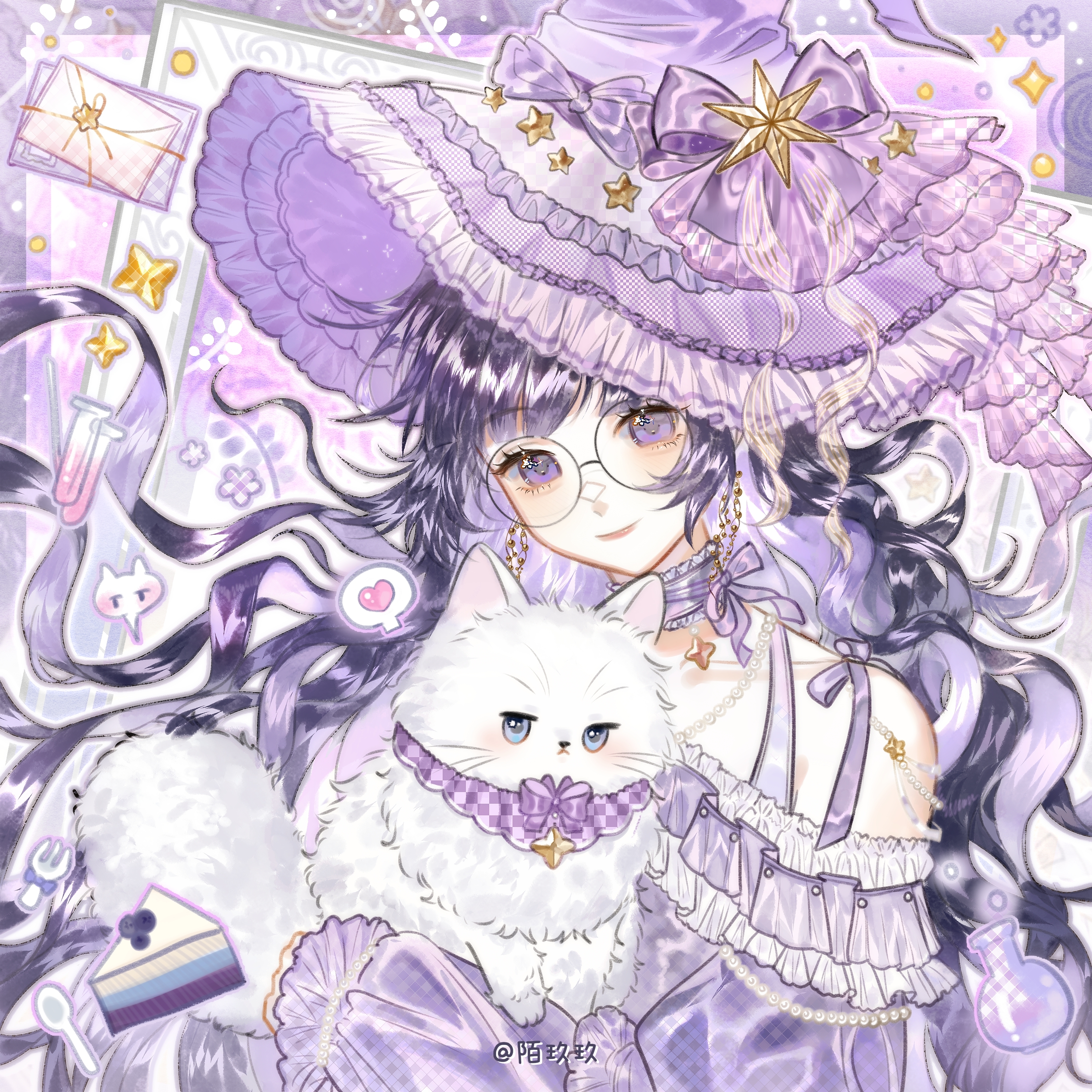 mei (honkai impact), honkai (series), honkai impact 3rd, absurdres, chinese commentary, commission, highres, 1girl, abstract background, alternate costume, bare shoulders, blunt bangs, cake, cat, closed mouth, collarbone, detached collar, dress, food, frilled dress, frilled hat, frills, from side, glasses, gradient hair, hat, head tilt, heart, letter, light smile, lofter username, long hair, looking at viewer, looking to the side, multicolored hair, off shoulder, picture frame, pink lips, purple background, purple dress, purple eyes, purple hair, purple hat, solo, spoken heart, upper body, wavy hair, yunzhongqi