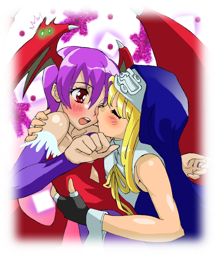 funnyvent, bridget (guilty gear), konishi hiroko, lilith (darkstalkers), arc system works, capcom, darkstalkers, guilty gear, guilty gear xx, bad id, bad pixiv id, 1boy, 1girl, age difference, bare shoulders, bat wings, blonde hair, blush, closed eyes, demon girl, detached sleeves, elbow gloves, embarrassed, fingerless gloves, flat chest, gloves, head wings, hetero, hug, kiss, leotard, nun, one eye closed, open mouth, pantyhose, purple hair, red eyes, red leotard, short hair, trap, voice actor connection, wings, wink