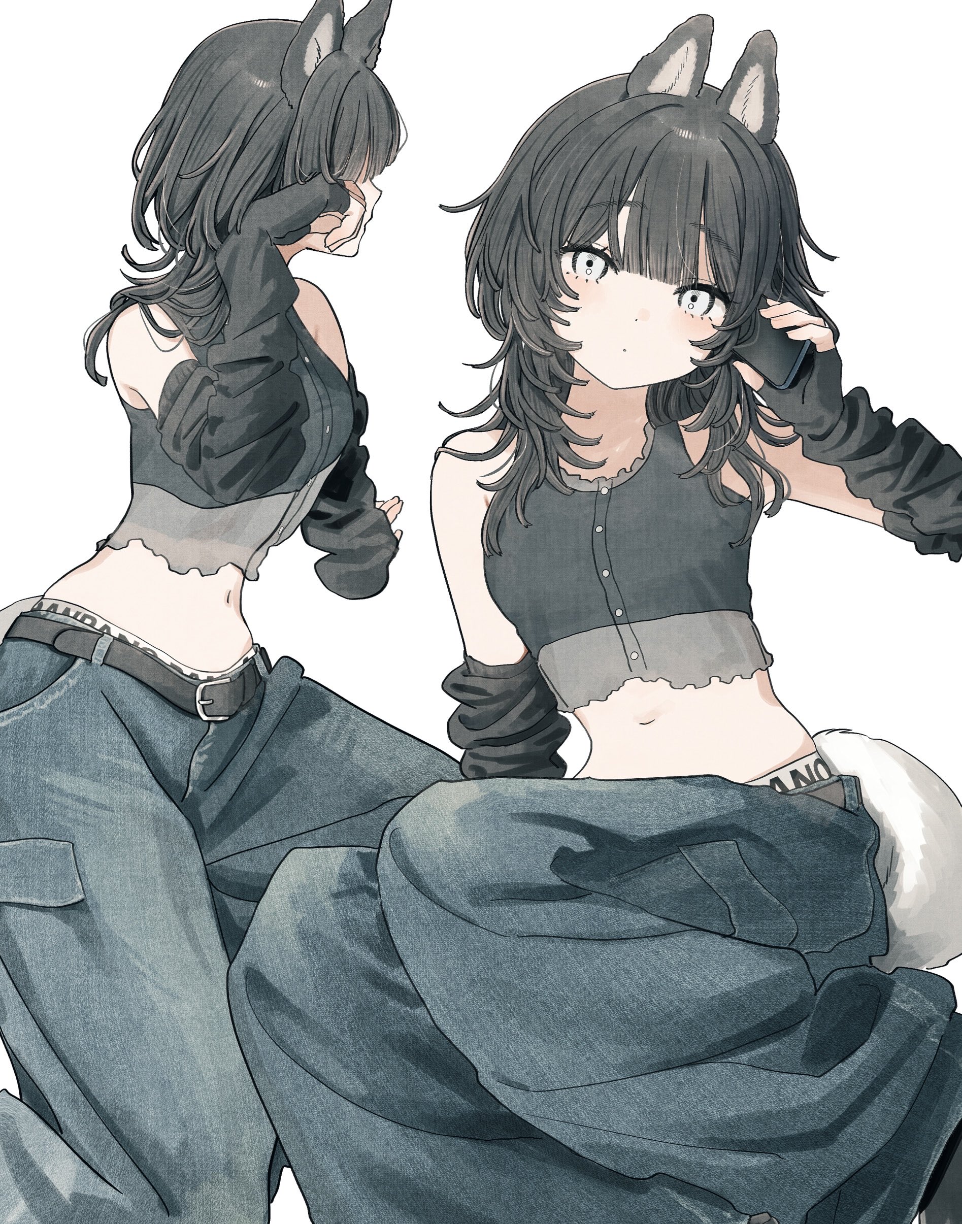 takaya riku, original, absurdres, commentary request, highres, 1girl, animal ears, bare shoulders, belt, black belt, black hair, black shirt, black sleeves, blue pants, blunt bangs, closed mouth, crop top, cropped shirt, denim, detached sleeves, feet out of frame, hand up, jeans, long hair, long sleeves, looking at viewer, midriff, multiple views, navel, pants, shirt, simple background, sitting, sleeveless, sleeveless shirt, white background