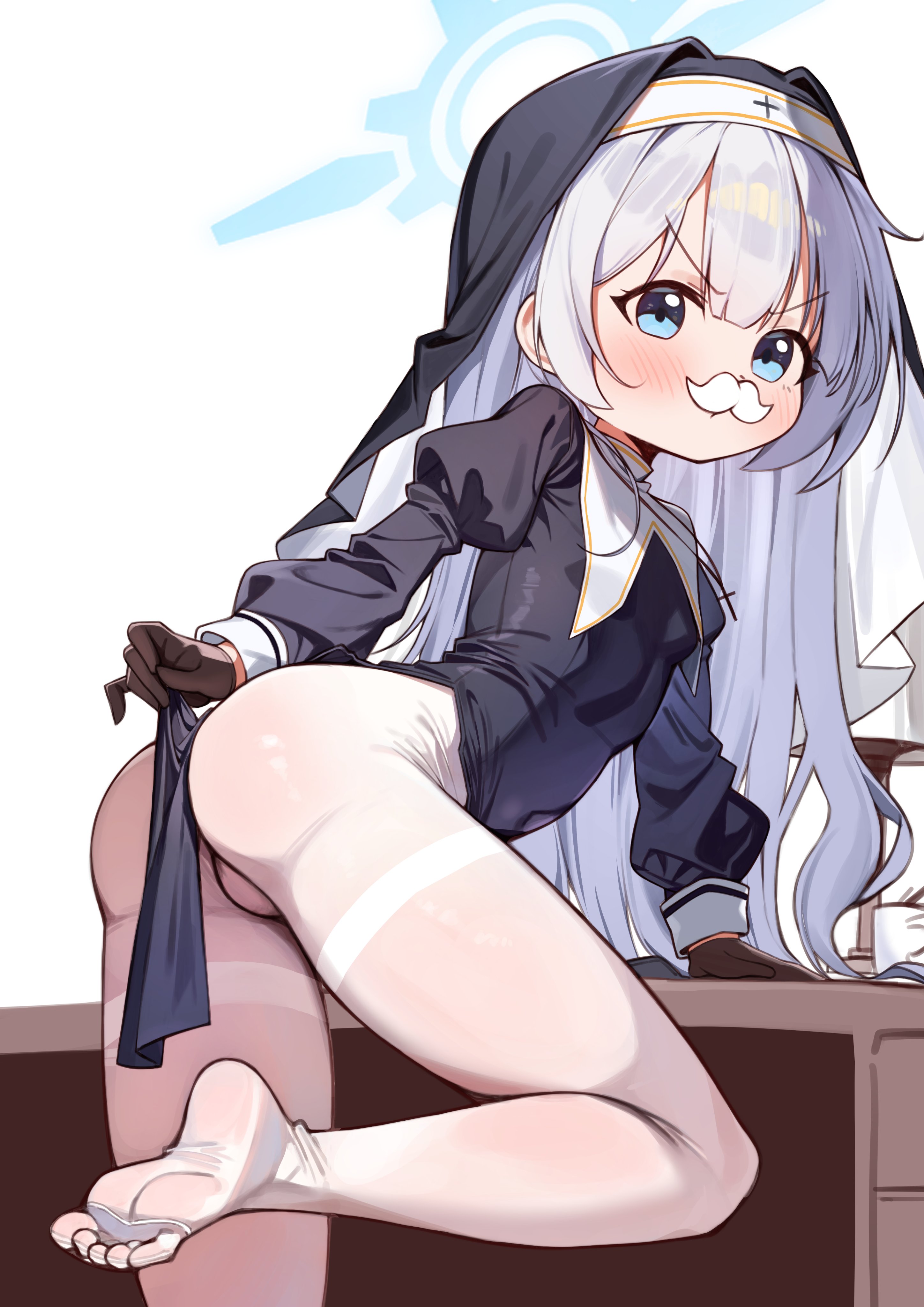 cherino (blue archive), blue archive, absurdres, highres, 1girl, ass, black gloves, black veil, blue eyes, blue halo, cross, dress, fake facial hair, fake mustache, gloves, halo, latin cross, led winter, long hair, looking at viewer, no panties, nun, pantyhose, pelvic curtain, solo, veil, white hair, white pantyhose