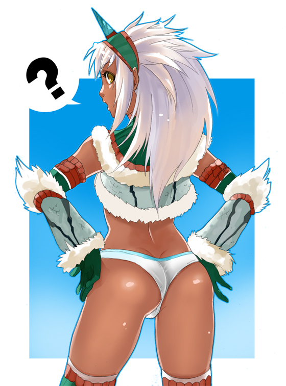 hakkueiji tanaka, suzuki hakkueiji, capcom, monster hunter (series), bad id, bad pixiv id, ?, ass, bottomless, dark-skinned female, dark skin, dimples of venus, hairband, horns, kirin (armor), looking back, no pants, panties, single horn, solo, underwear, white hair, yellow eyes