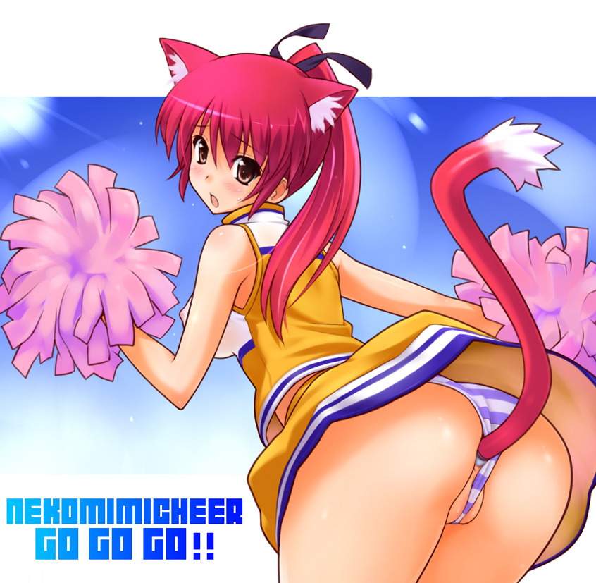 itoji, original, 1girl, anal, anal beads, anal object insertion, anal tail, animal ears, ass, blush, breasts, brown eyes, butt plug, cameltoe, cat ears, cat tail, cheerleader, cleavage, covered erect nipples, fake tail, female focus, looking at viewer, looking back, object insertion, panties, pom pom (cheerleading), ponytail, red hair, sex toy, solo, striped clothes, striped panties, sweatdrop, tail, underwear, upskirt