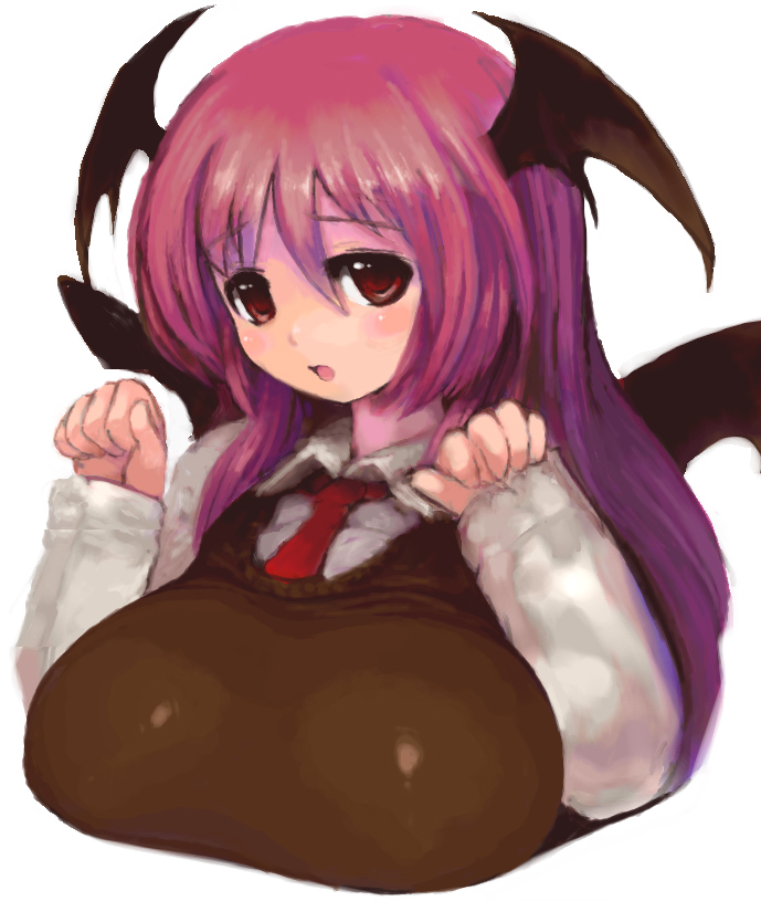 kasutaso, koakuma, embodiment of scarlet devil, touhou, 1girl, blush, breasts, female focus, head wings, huge breasts, long hair, necktie, paw pose, pink hair, purple hair, red eyes, solo, wings
