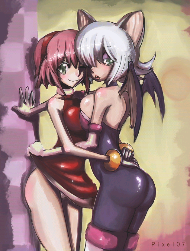 nezutora, amy rose, rouge the bat, sonic (series), 2girls, animal ears, ass, latex, multiple girls, personification, pink hair, pixel 07, white hair, wings