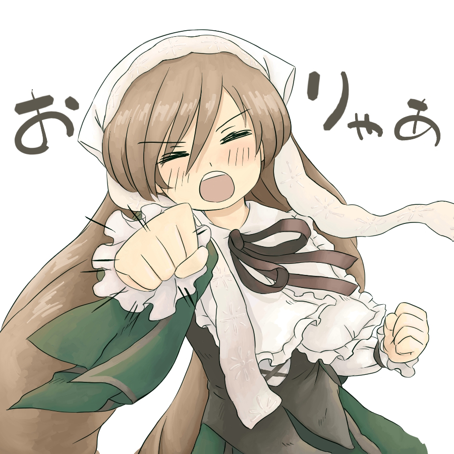 kumashiro, suiseiseki, rozen maiden, 00s, blush, brown hair, closed eyes, dress, hairband, headscarf, long hair, open mouth, punching, solo, white headscarf