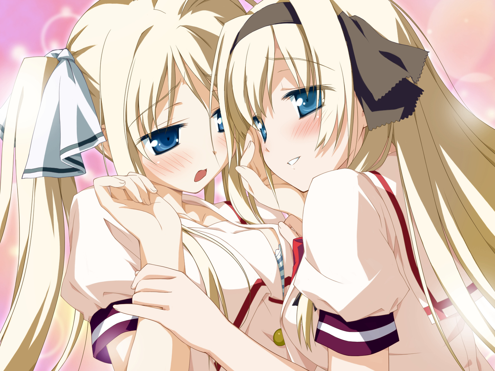 shida kazuhiro, hisakaki komomo, hisakaki kosame, hoshizora no memoria, game cg, highres, 2girls, blonde hair, blue eyes, blush, grabbing another's breast, groping, hair ribbon, holding another's wrist, incest, multiple girls, open clothes, open shirt, ribbon, shirt, siblings, sisters, twincest, twins, twintails, yuri