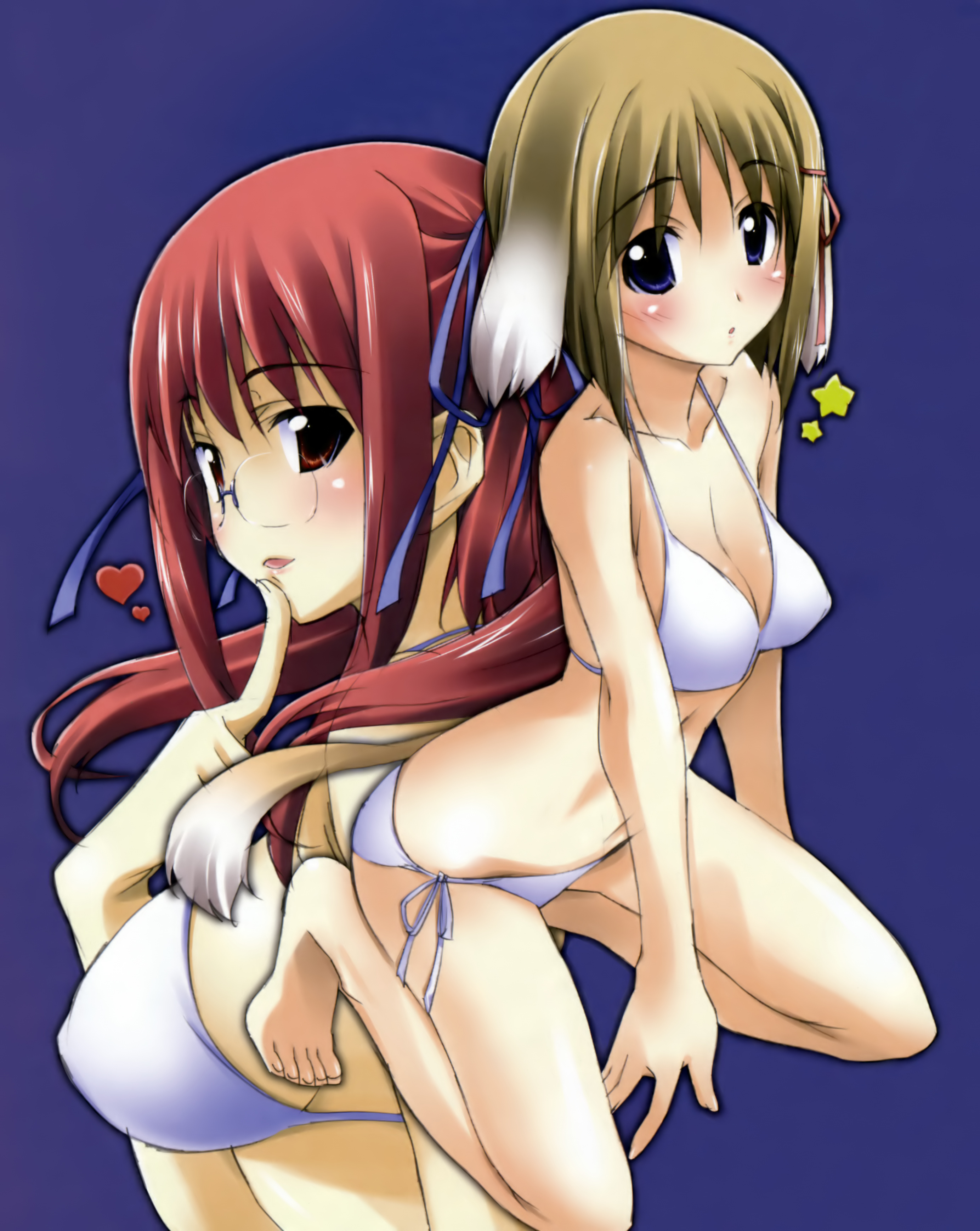 kurashima tomoyasu, aikawa tomoe, haruna elendil, memoria, absurdres, highres, 2girls, :d, :o, animal ears, arched back, barefoot, bikini, blonde hair, blue eyes, blush, bob cut, breasts, brown hair, cleavage, covered erect nipples, dog ears, dog tail, embarrassed, feet, finger to mouth, glasses, hair ribbon, heart, kneeling, large breasts, long hair, multicolored hair, multiple girls, naughty face, open mouth, red eyes, red hair, ribbon, short hair, side-tie bikini bottom, sideboob, simple background, smile, star (symbol), string bikini, swimsuit, tail, twintails, two-tone hair, white bikini, white hair