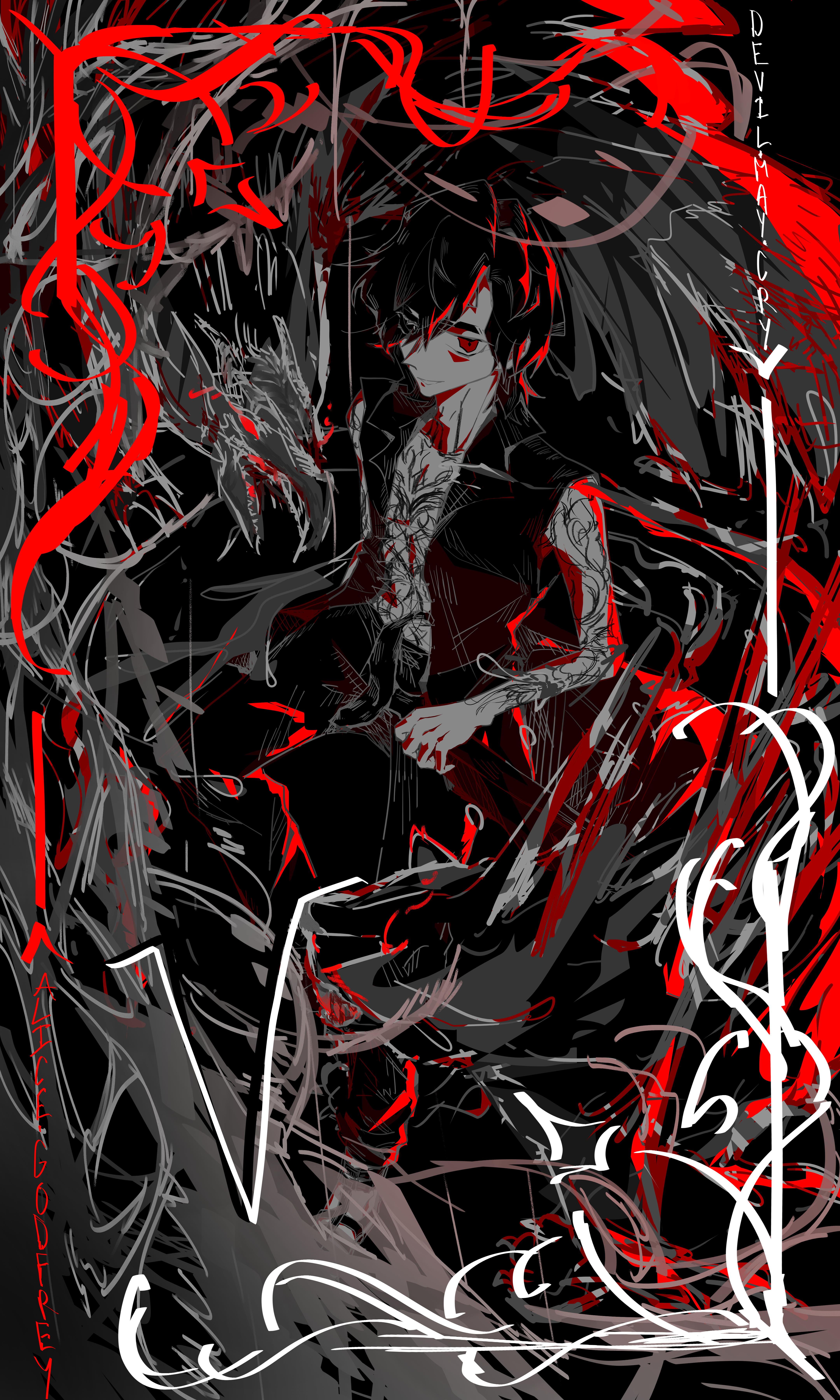 griffon (devil may cry 5), shadow (devil may cry 5), v (devil may cry), devil may cry (series), devil may cry 5, absurdres, highres, non-web source, self-upload, tagme, 1boy, alice-godfrey, copyright name, full-body tattoo, solo, tattoo