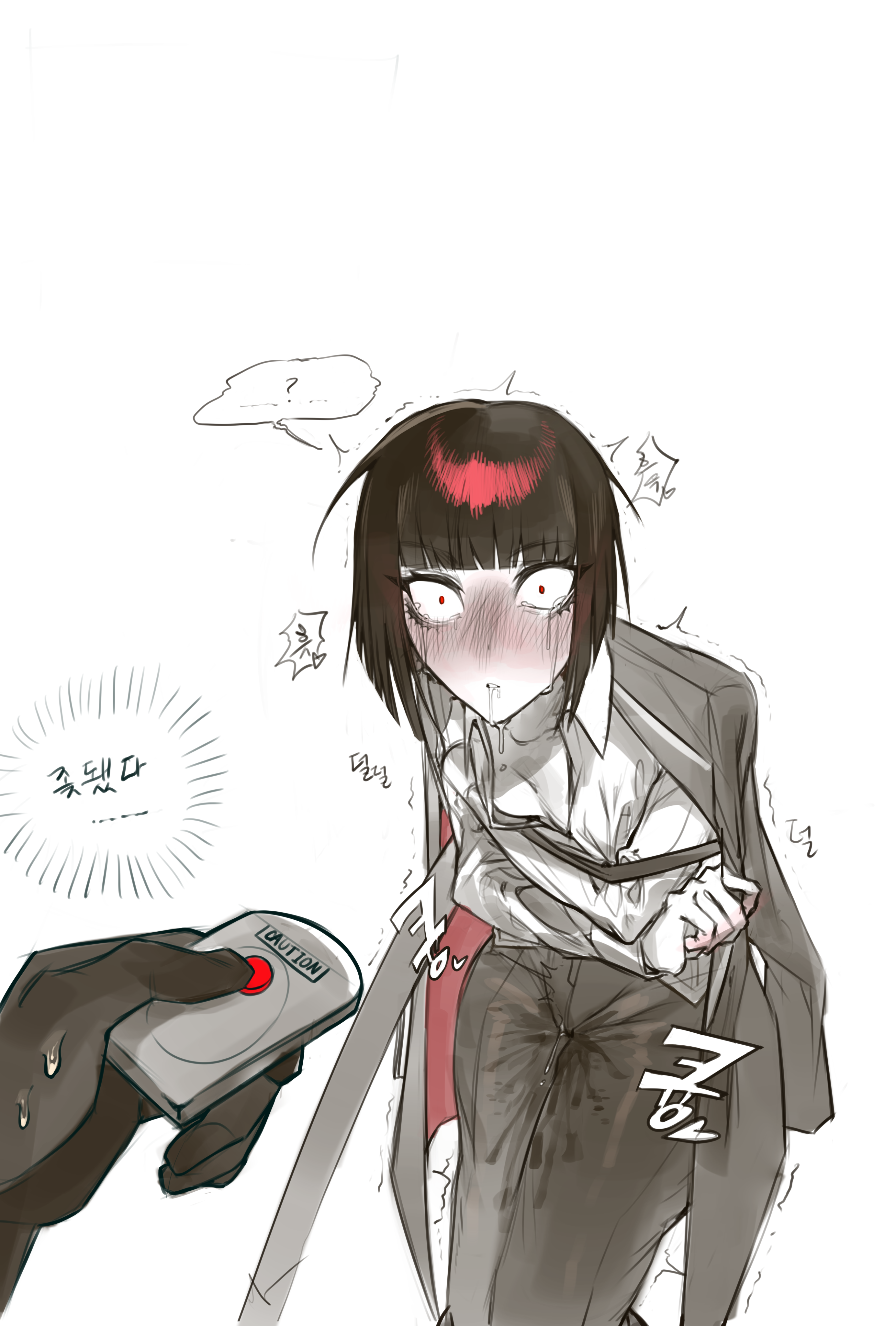 ryoshu (project moon), limbus company, project moon, absurdres, commentary request, highres, korean commentary, translation request, 1girl, 1other, ?, black hair, black pants, blush, bob cut, buttons, collared shirt, crossed arms, crying, crying with eyes open, drooling, flat chest, hai000 0, holding, holding sword, holding weapon, jacket, jacket on shoulders, katana, korean text, long sleeves, looking at viewer, open mouth, pants, red eyes, shirt, short hair, simple background, solo focus, spoken question mark, sword, tears, trembling, weapon, white background, white shirt