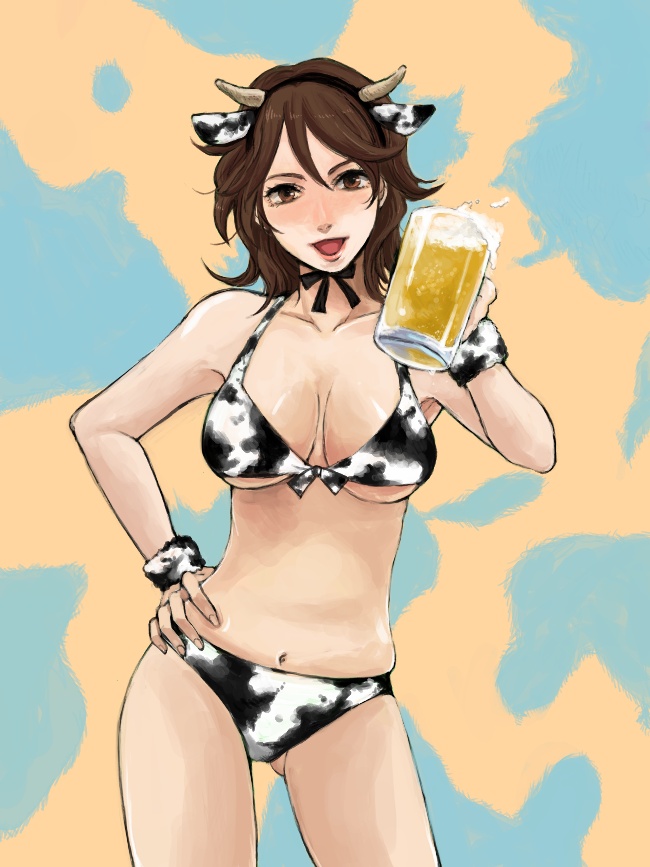 mishima ssuru, sumeragi lee noriega, gundam, gundam 00, bad id, bad pixiv id, 00s, 1girl, alcohol, animal ears, animal print, beer, bikini, bow, bowtie, breasts, brown eyes, brown hair, cow ears, cow girl, cow horns, cow print, cup, female focus, hand on own hip, headband, hip focus, horns, large breasts, mug, navel, solo, swimsuit, underboob, wristband