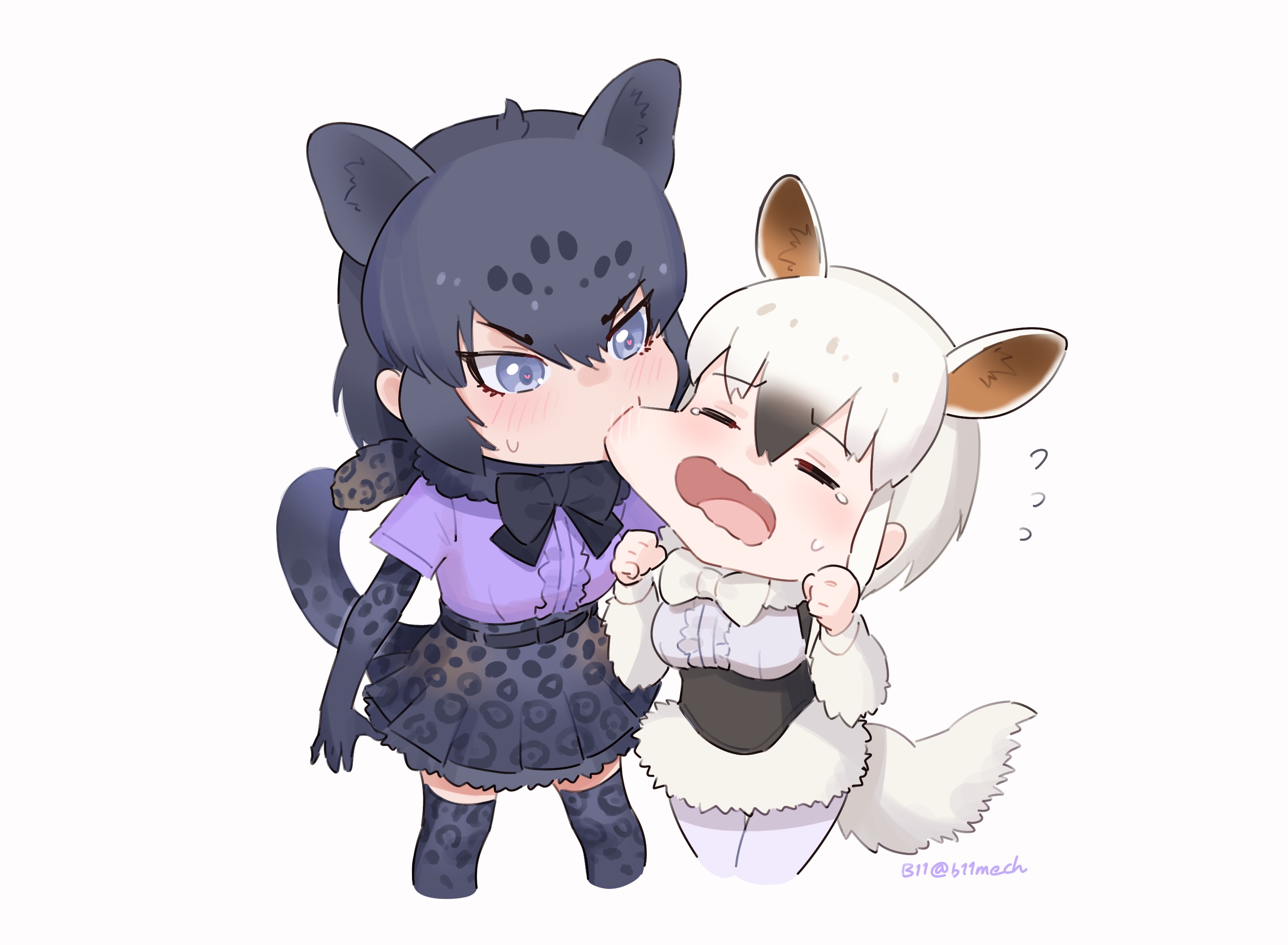 beleven, black jaguar (kemono friends), southern tamandua (kemono friends), kemono friends, kemono friends 3, highres, 2girls, animal ears, animal print, anteater ears, anteater tail, black bow, black bowtie, black corset, black fur, black gloves, black hair, black skirt, black thighhighs, blue eyes, blush, bow, bowtie, center frills, corset, cowboy shot, elbow gloves, extra ears, flying sweatdrops, frills, fur shirt, fur shorts, fur trim, gloves, hair between eyes, heart, heart in eye, height difference, high-waist skirt, jaguar ears, jaguar girl, jaguar tail, kiss, kissing cheek, leopard print, long sleeves, multicolored hair, multiple girls, open mouth, pantyhose, pleated skirt, print gloves, print skirt, print thighhighs, purple shirt, shirt, short hair, short sleeves, shorts, sidelocks, skirt, sweatdrop, symbol in eye, t-shirt, tail, thighhighs, two-tone hair, white fur, white hair, white pantyhose, white shirt, white shorts, zettai ryouiki