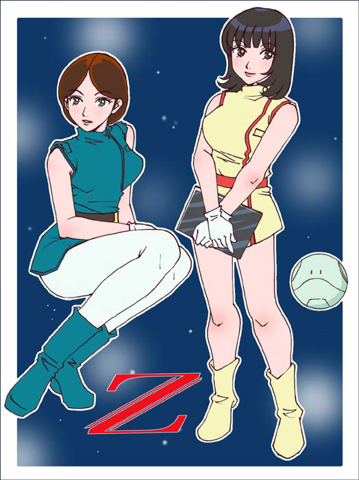 jun atsushi, emma sheen, fa yuiry, haro, gundam, zeta gundam, 2girls, black hair, boots, brown hair, dress, gloves, multiple girls, pantyhose, short dress, short hair, smile, white pantyhose