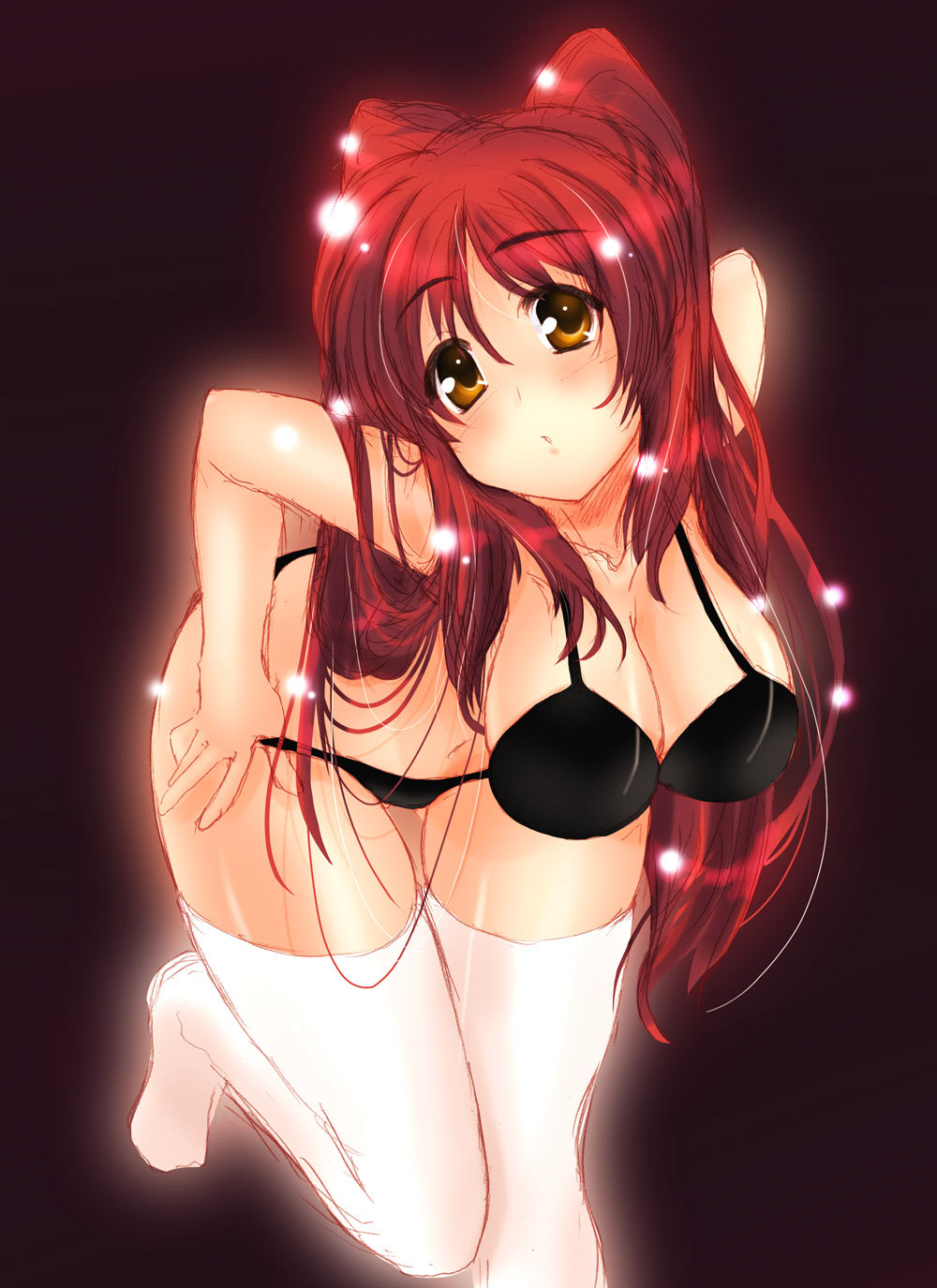 iga tamaki, kousaka tamaki, to heart (series), to heart 2, highres, 00s, bent over, bikini, black bikini, breasts, cleavage, large breasts, long hair, red hair, sketch, solo, swimsuit, thighhighs