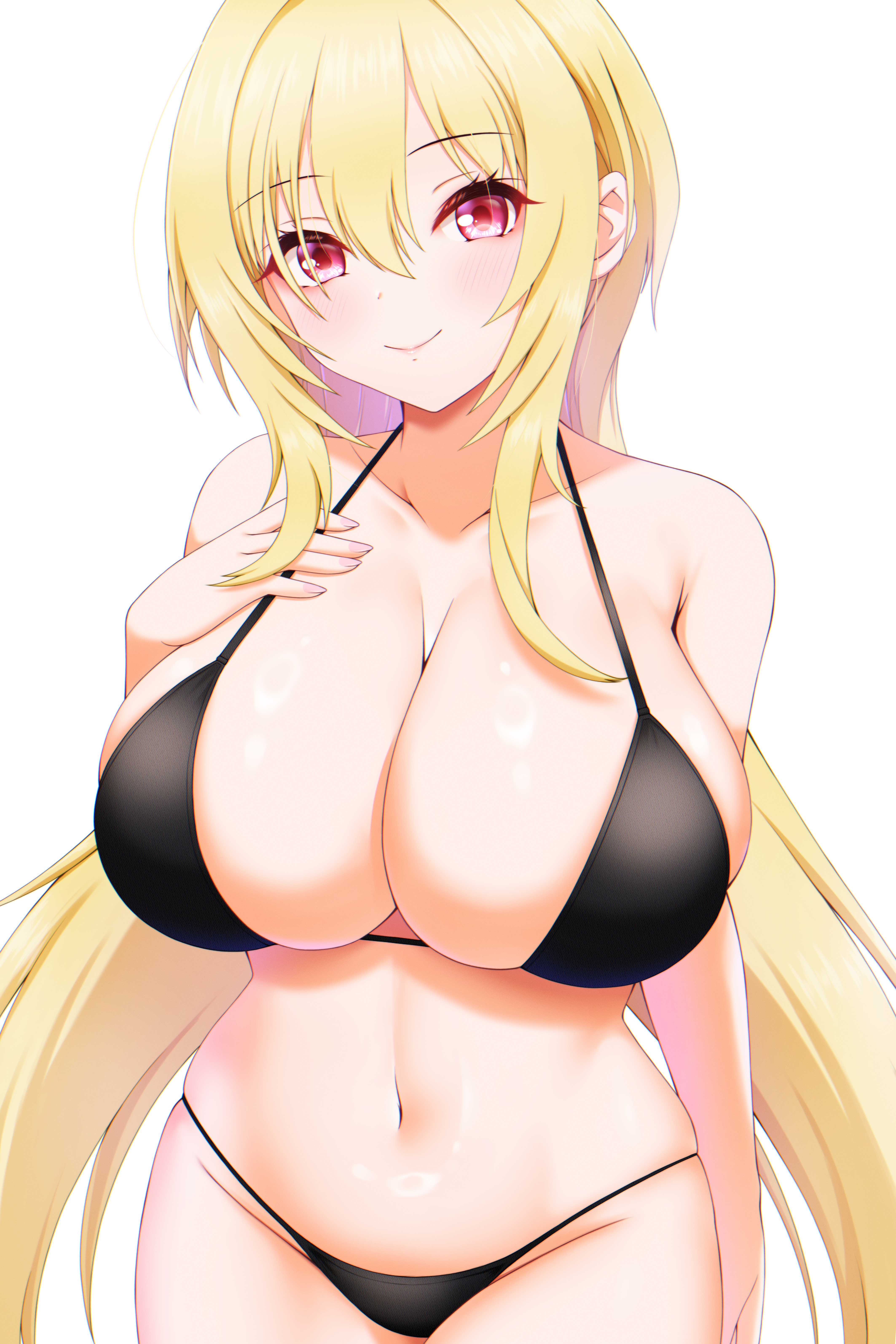 ruuuuuuuryyyyyy, kurosaki chitose, idolmaster, idolmaster cinderella girls, absurdres, highres, 1girl, bikini, black bikini, blonde hair, breasts, cleavage, cowboy shot, large breasts, long hair, looking at viewer, red eyes, simple background, smile, solo, swimsuit, white background