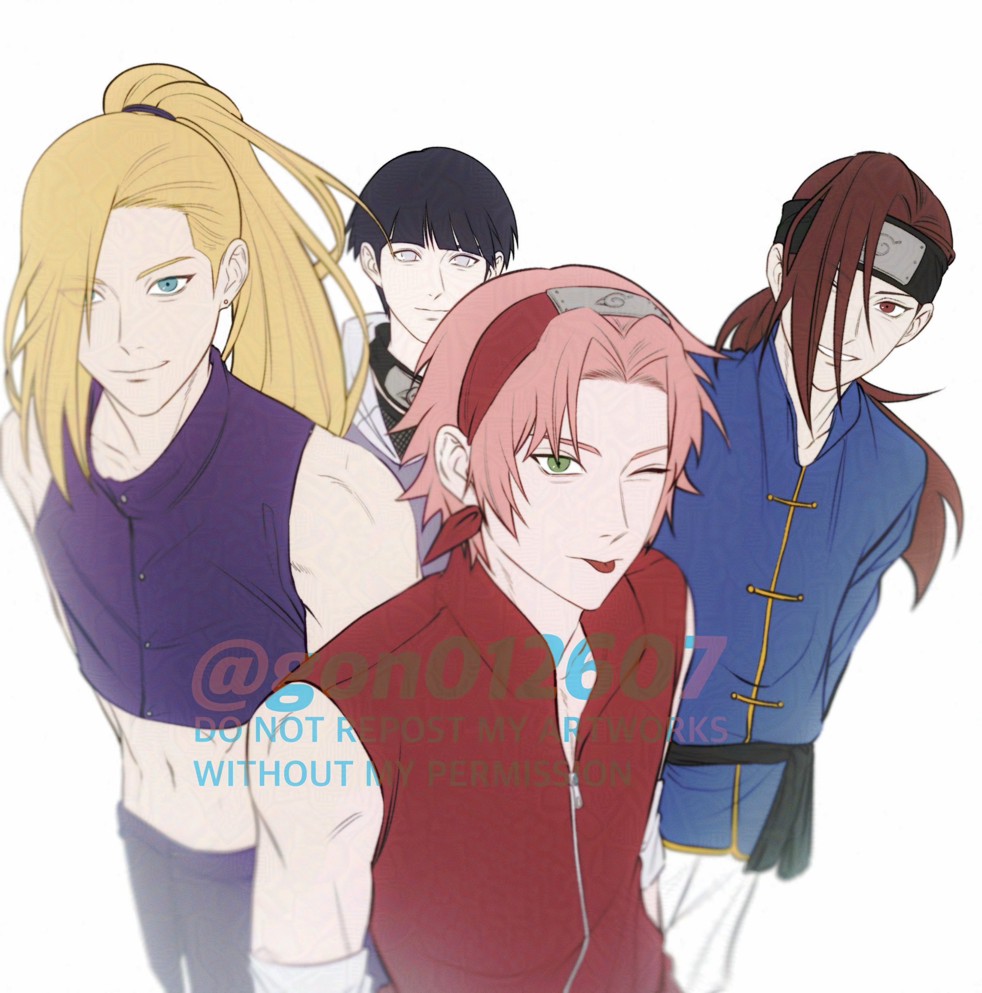 gon012607, haruno sakura, hyuuga hinata, tenten (naruto), yamanaka ino, naruto (series), highres, 4boys, bare shoulders, belt, black belt, black hair, black headband, blonde hair, blue eyes, blue shirt, blunt bangs, brown eyes, brown hair, closed mouth, cropped vest, elbow sleeve, genderswap, genderswap (ftm), green eyes, grey eyes, grey hoodie, hair over one eye, hair tie, hairband, headband, headband around neck, hood, hoodie, long hair, midriff, multiple boys, navel, one eye closed, pants, parted bangs, parted lips, pink hair, ponytail, purple pants, purple vest, red hairband, red vest, shirt, short hair, smile, tongue, tongue out, twitter username, upper body, vest, white background, white pants