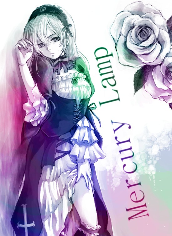 mishima ssuru, suigintou, rozen maiden, bad id, bad pixiv id, 00s, boots, clothes lift, doll joints, dress, dress lift, flower, frills, hairband, joints, knee boots, long hair, rose, solo, thighs