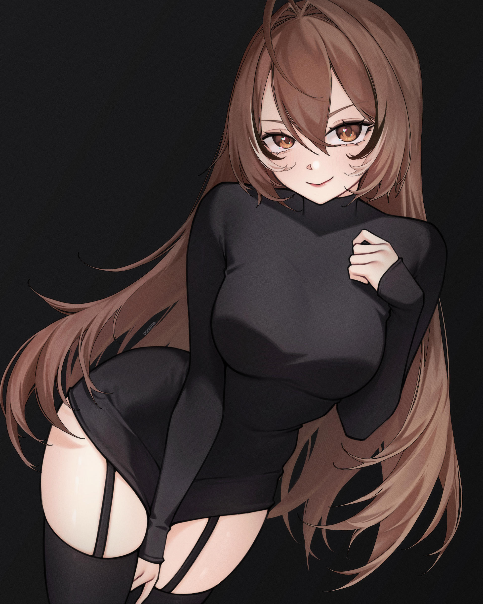 vonshia, nanashi mumei, hololive, hololive english, absurdres, highres, artistic error, between legs, black background, black dress, breasts, brown eyes, brown hair, dress, garter straps, hand between legs, large breasts, long hair, looking at viewer, smile, solo, thick thighs, thighhighs, thighs, very long hair
