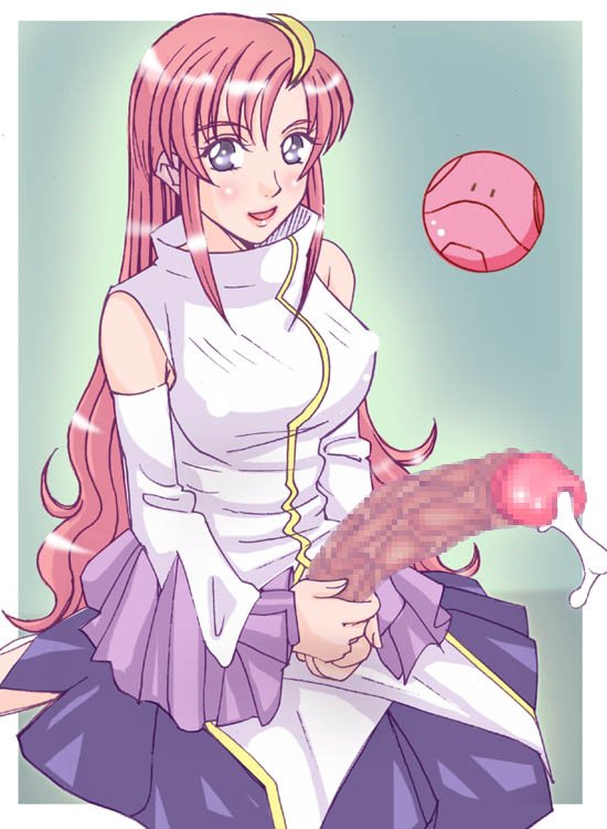 jun atsushi, haro, lacus clyne, gundam, gundam seed, gundam seed destiny, 00s, 1futa, censored, cum, detached sleeves, dress, futanari, hair ornament, hairclip, huge penis, mosaic censoring, penis, pink hair, smile, solo