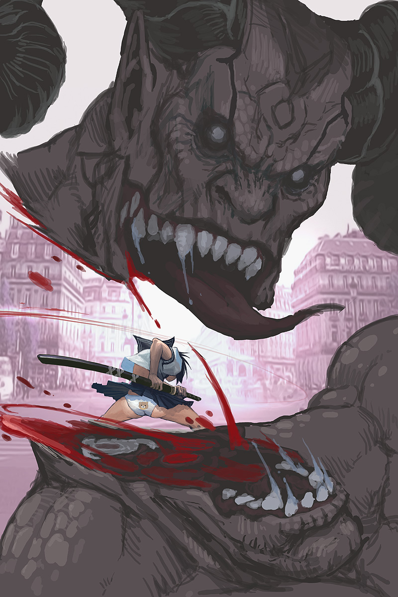 loped, original, highres, 1girl, animal print, ass, bear panties, bear print, black hair, blood, city, clothes lift, decapitation, demon, katana, panties, pantyshot, print panties, school uniform, serafuku, severed head, sheath, sheathed, skirt, skirt lift, sword, teeth, tongue, underwear, weapon, white panties