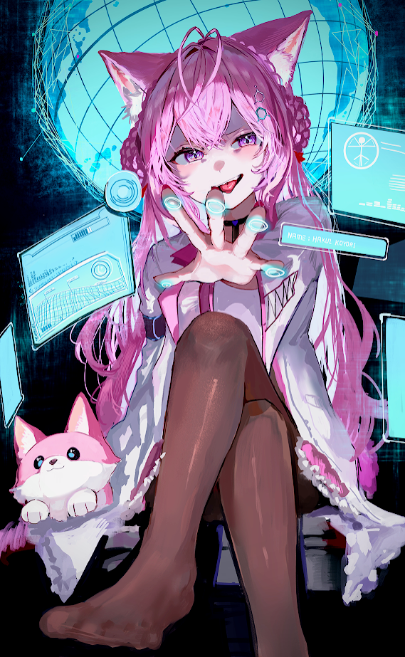 xue lian wa noel, hakui koyori, hakui koyori (1st costume), kokoro (hakui koyori), hololive, commentary request, 1girl, animal ears, black pantyhose, blush, coat, feet, lab coat, long hair, looking at viewer, pantyhose, pink hair, purple eyes, sitting, smile, solo, tongue, tongue out, very long hair, virtual youtuber, white coat, wolf ears, wolf girl
