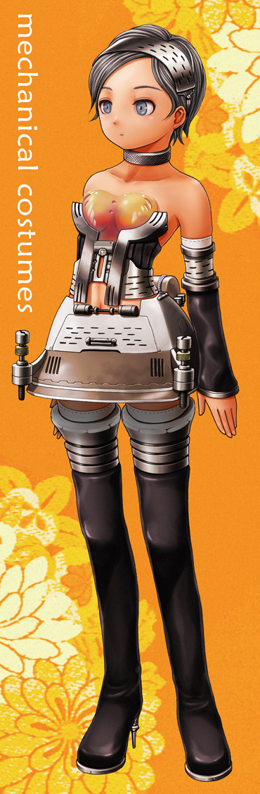 v-mag, mechanical, long image, tall image, grey eyes, grey hair, short hair, solo, thighhighs