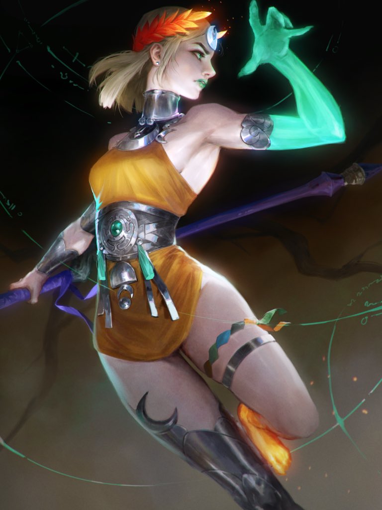 thedurianart, melinoe (hades), hades (series), hades 2, 1girl, ancient greek clothes, asymmetrical arms, black sclera, blonde hair, bone, colored sclera, dress, glowing arm, greco-roman clothes, green eyes, green lips, laurel crown, mismatched sclera, orange dress, red eyes, see-through body, short hair, skeletal arm, solo