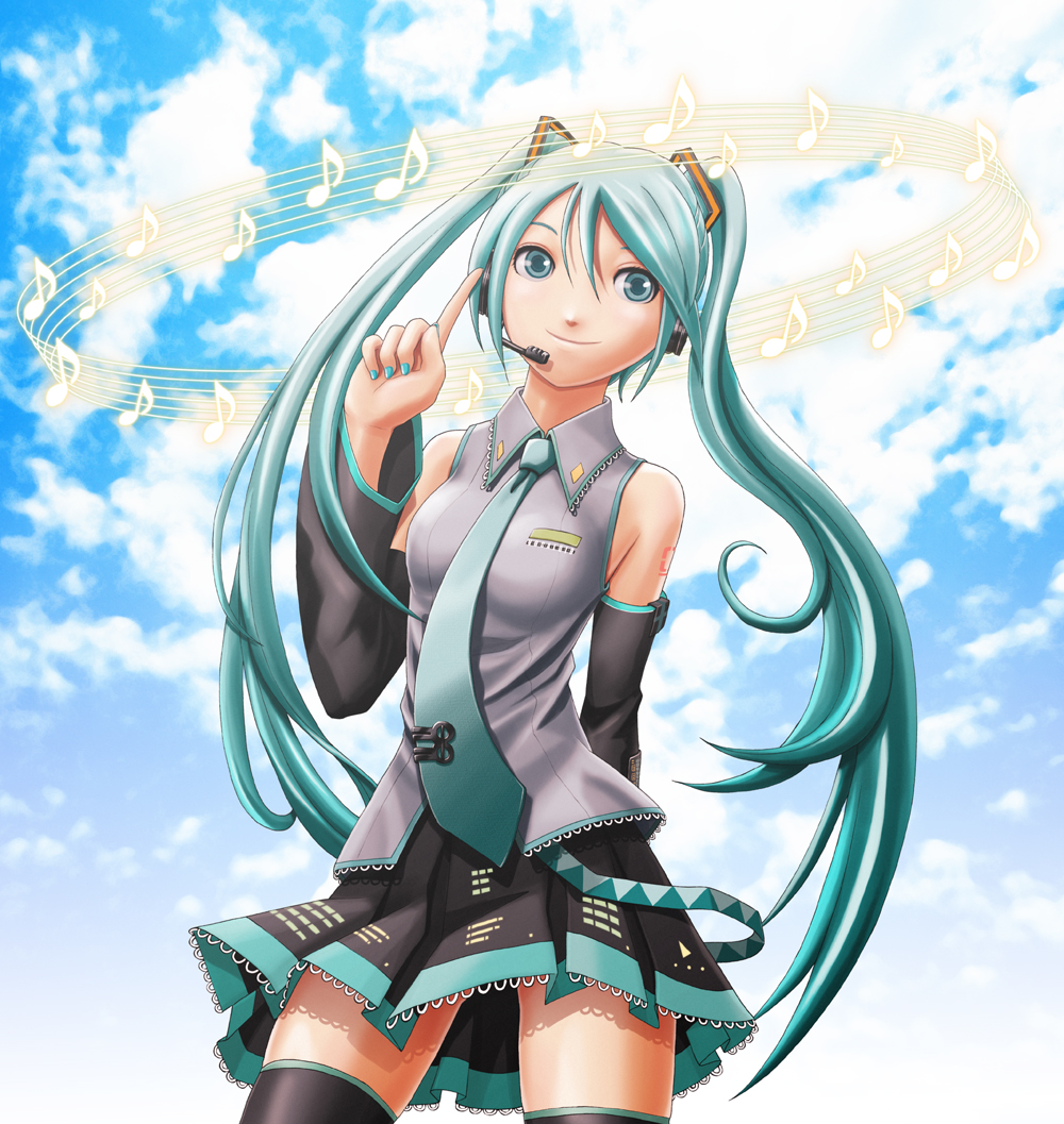 v-mag, hatsune miku, vocaloid, 1girl, aqua eyes, aqua hair, aqua nails, black thighhighs, cloud, day, detached sleeves, female focus, hair ornament, headset, long hair, miniskirt, nail polish, necktie, pleated skirt, sidelocks, skirt, sky, smile, solo, standing, thighhighs, twintails, very long hair, zettai ryouiki