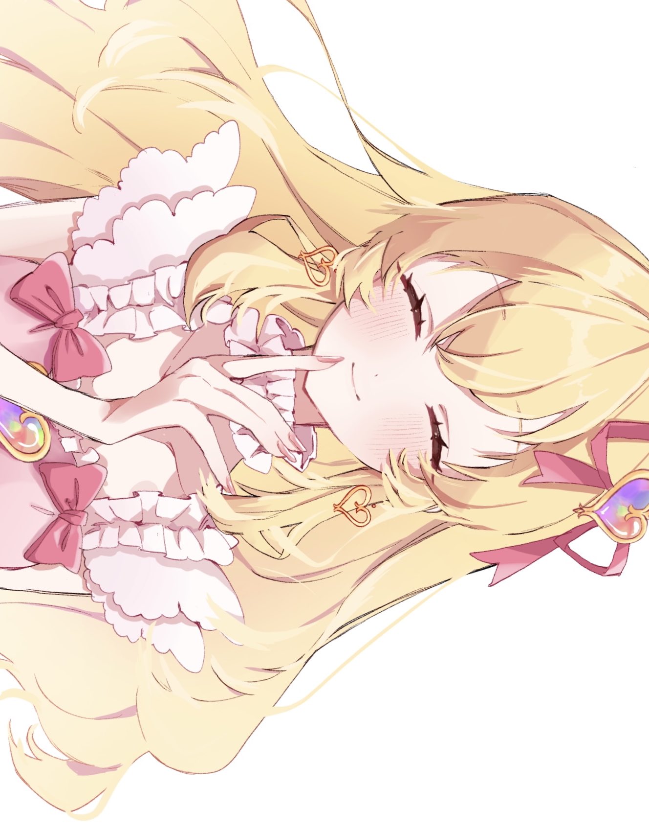 guri (ak1002s), hoshimiya ichigo, aikatsu! (series), highres, 1girl, blonde hair, bow, brooch, choker, closed mouth, earrings, facing viewer, fingernails, frilled choker, frills, hair ribbon, heart, heart brooch, heart earrings, jewelry, long hair, pink bow, pink ribbon, ribbon, sideways, simple background, smile, solo, upper body, white background