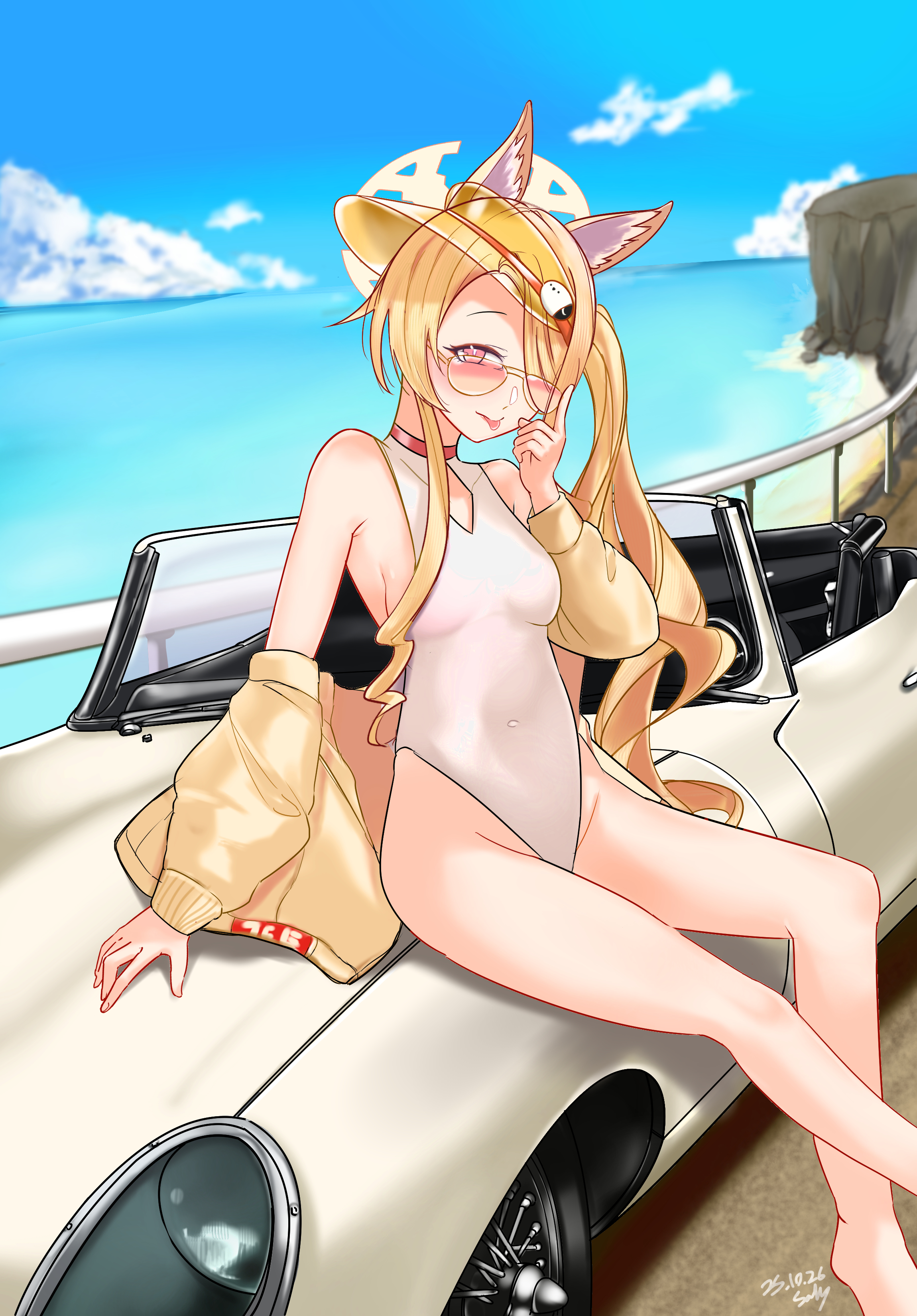 saisaki (sankyy377), seia (blue archive), seia (swimsuit) (blue archive), blue archive, absurdres, commentary, english commentary, highres, animal ear fluff, animal ears, blonde hair, blue sky, breasts, car, clothing cutout, cloud, covered navel, cross halo, day, diamond cutout, feet out of frame, fox ears, fox girl, fox tail, halo, highleg, highleg one-piece swimsuit, jacket, jaguar e-type, long hair, motor vehicle, official alternate costume, official alternate hairstyle, one-piece swimsuit, orange-tinted eyewear, orange eyes, outdoors, railing, side ponytail, sitting, sky, small breasts, sunglasses, swimsuit, tail, tinted eyewear, visor cap, white one-piece swimsuit, yellow halo, yellow jacket, yellow visor