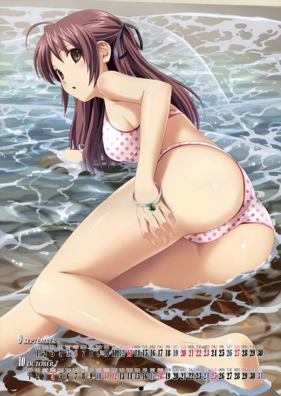 koutaro, jpeg artifacts, 1girl, ass, barefoot, bikini, brown eyes, brown hair, calendar, female focus, legs, pink bikini, polka dot, polka dot bikini, polka dot swimsuit, solo, swimsuit, water
