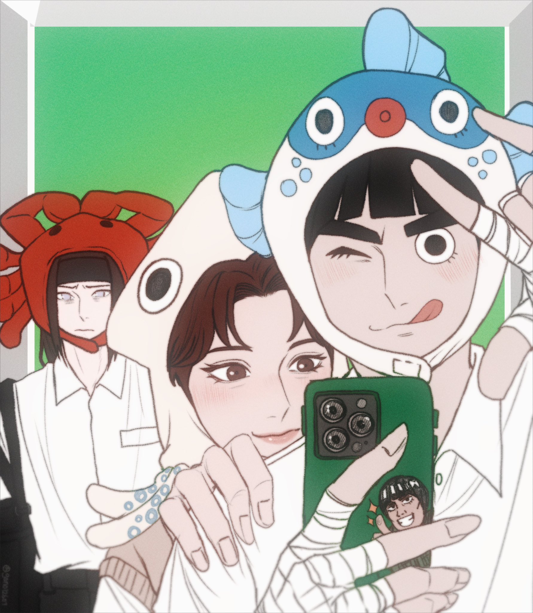 gon012607, hyuuga neji, might guy, rock lee, tenten (naruto), naruto (series), highres, 1girl, 2boys, bandaged hand, bandages, black hair, black headband, blunt bangs, bowl cut, brown eyes, brown hair, brown sweater vest, character sticker, collared shirt, crab hat, fish hat, furrowed brow, green background, grey eyes, grin, hand on another's shoulder, hat, headband, holding, holding phone, light frown, long hair, multiple boys, no pupils, one eye closed, parted bangs, phone, shirt, short hair, smile, sparkle, squid hat, sticker, sweater vest, teeth, thick eyebrows, tongue, upper body, white shirt