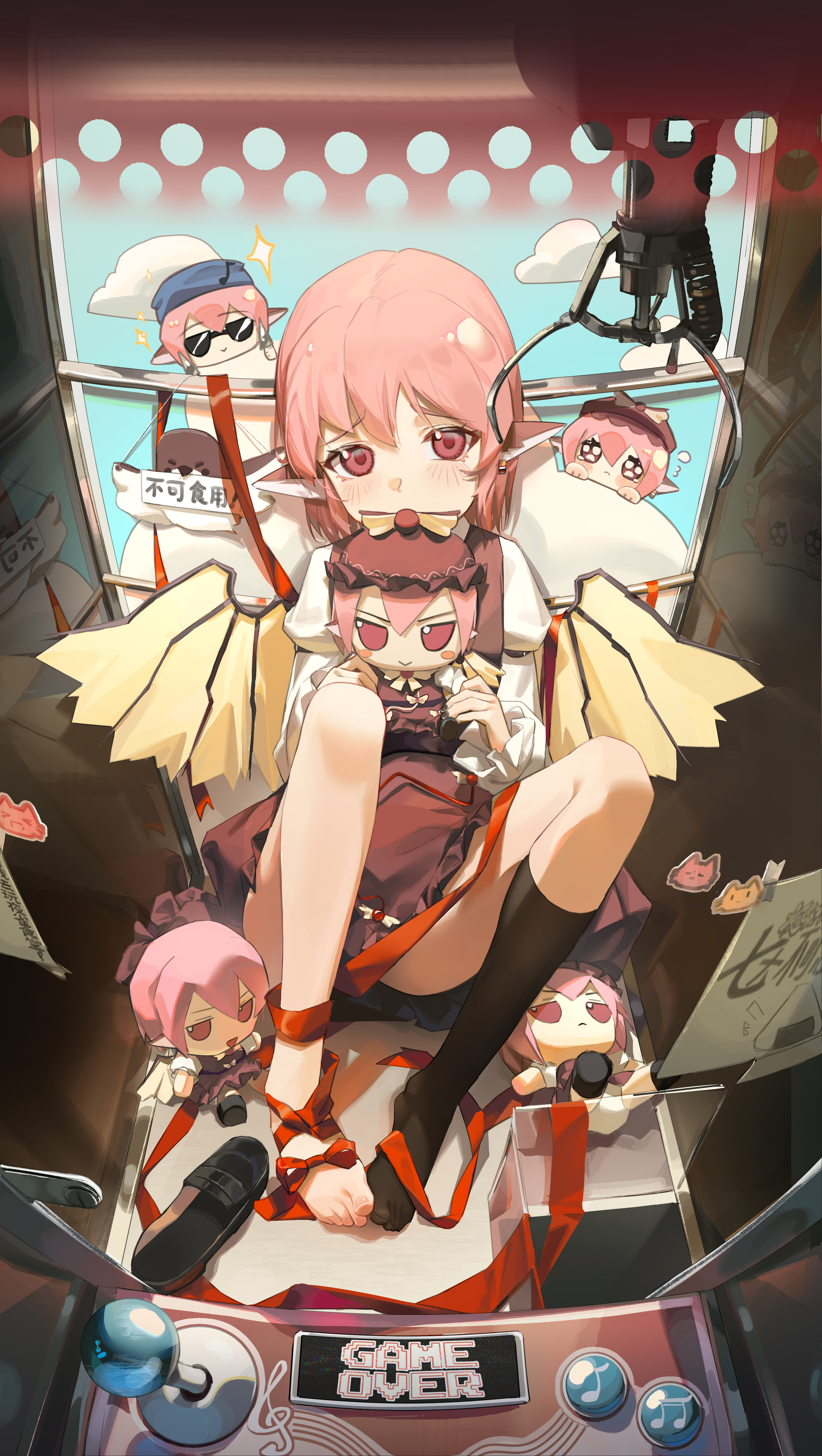 xiaoguai swg, mystia lorelei, touhou, absurdres, highres, 1girl, animal ears, arcade stick, barefoot, bird ears, bird wings, black-framed eyewear, black sandals, black thighhighs, blue headscarf, blush, bow, brown dress, brown hat, character doll, controller, crane game, doll, dress, earrings, fumo (doll), game controller, hat, headscarf, holding, holding doll, in crane game, jewelry, joystick, long sleeves, looking at viewer, pink hair, red eyes, red ribbon, ribbon, sandals, shirt, short hair, solo, thighhighs, winged hat, wings
