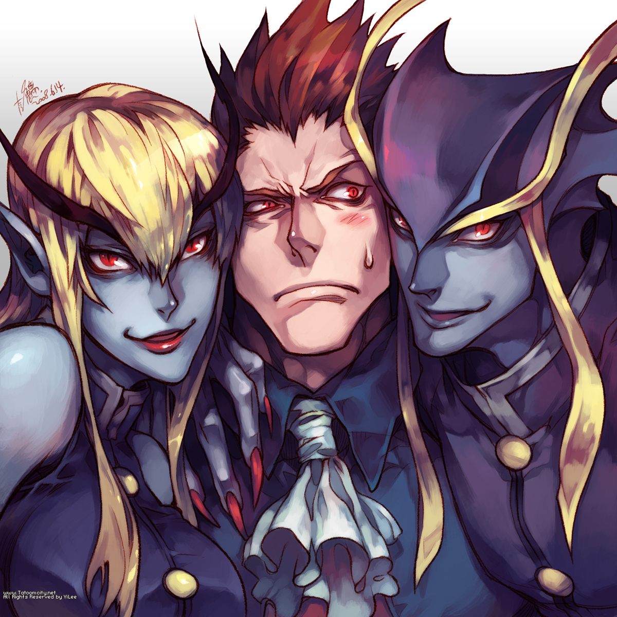 yi lee, demitri maximoff, jedah dohma, capcom, darkstalkers, eyebrows, gender request, highres, 1girl, 2boys, bisexual male, blonde hair, blue skin, blush, boy and girl sandwich, cheek-to-cheek, colored skin, dual persona, embarrassed, fingernails, genderswap, girl sandwich, head wings, heads together, lips, lipstick, long hair, makeup, male focus, midnight bliss, multiple boys, nail (hardware), pointy ears, red eyes, sandwiched, sweatdrop, time paradox, vampire, wings