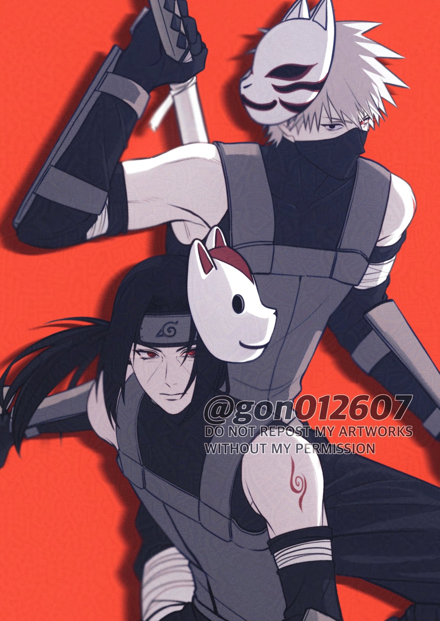 gon012607, hatake kakashi, uchiha itachi, naruto (series), highres, 2boys, bandaged leg, bandages, bare shoulders, black eyes, black gloves, black hair, black mask, black pantyhose, elbow gloves, facial mark, fox mask, gloves, grey hair, hair between eyes, heterochromia, holding, holding sword, holding weapon, long hair, low ponytail, male focus, mask, mask on head, mouth mask, multiple boys, pantyhose, parted bangs, ponytail, red background, red eyes, short hair, shoulder tattoo, sword, tattoo, twitter username, upper body, weapon