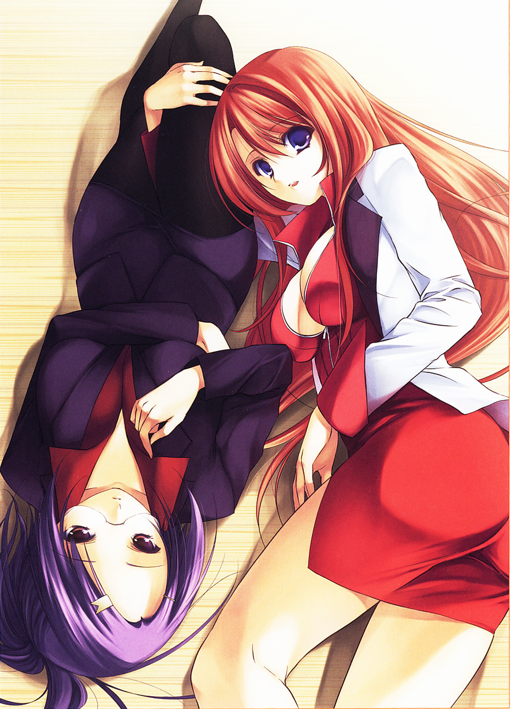 ayase hazuki, kurosaki shigure, tomiya natsuki, double teacher life, highres, 2girls, ass, blue eyes, breasts, cleavage, formal clothes, glasses, large breasts, legs, miniskirt, multiple girls, pantyhose, pencil skirt, purple hair, red eyes, red hair, school nurse, skirt, skirt suit, suit, teacher, thighs