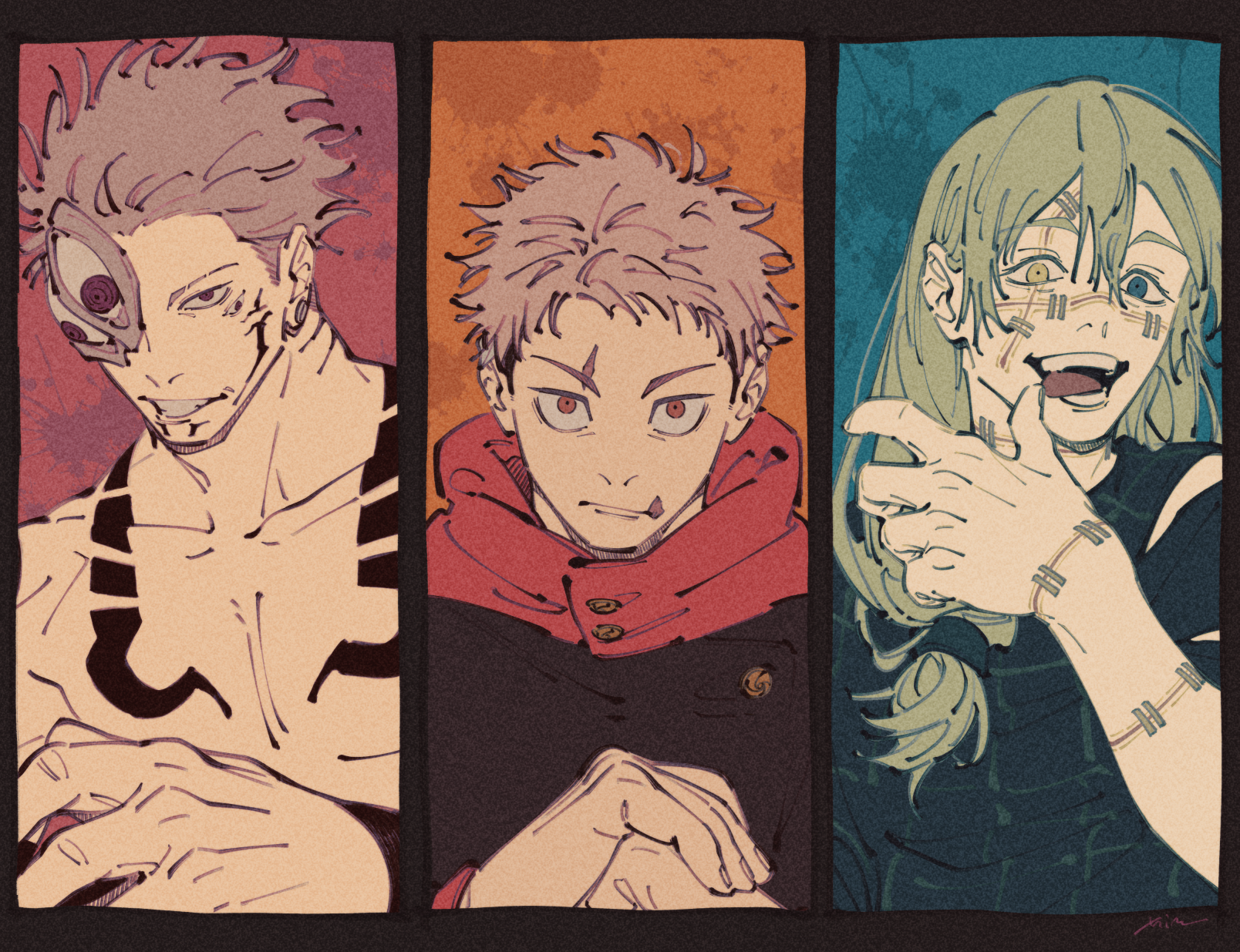mim (mimya0600), itadori yuuji, mahito (jujutsu kaisen), ryoumen sukuna (jujutsu kaisen), jujutsu kaisen, commentary, english commentary, highres, 3boys, arm up, black border, black jacket, black shirt, blue eyes, body markings, border, brown hair, collarbone, cursed spirit (jujutsu kaisen), double-parted bangs, extra eyes, facial mark, finger to mouth, green hair, grin, hair between eyes, heterochromia, high collar, jacket, long hair, looking at viewer, male focus, multiple boys, open mouth, own hands together, pectorals, red eyes, sanpaku, scar, scar on face, shirt, short sideburns, smile, stitched arm, stitched face, stitched mouth, stitched wrist, stitches, teeth, tongue, tongue out, topless male, upper body, yellow eyes