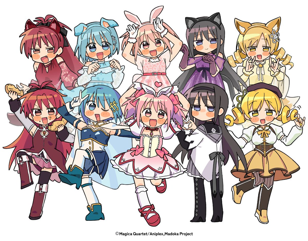 ozu (oz yarimasu), akemi homura, akemi homura (magical girl), kaname madoka, kaname madoka (magical girl), miki sayaka, miki sayaka (magical girl), sakura kyoko, sakura kyoko (magical girl), tomoe mami, tomoe mami (magical girl), mahou shoujo madoka magica, mahou shoujo madoka magica (anime), commentary request, official art, 5girls, :d, ;d, animal ear fluff, animal ear hairband, animal ears, arms up, bare shoulders, black boots, black bow, black hair, black hairband, black thighhighs, blonde hair, blue boots, blue dress, blue eyes, blue hair, blue hairband, blue skirt, blue sleeves, blush stickers, boots, bow, brown boots, brown hat, brown thighhighs, bubble skirt, cat ear hairband, cat ears, closed mouth, copyright notice, detached sleeves, dog ear hairband, dog ears, double fox shadow puppet, dress, dress bow, drill hair, fake animal ears, fang, food, food on face, fortissimo, fox ears, fox shadow puppet, frilled skirt, frilled sleeves, frills, full body, gloves, hair bow, hair ornament, hairband, hand up, hands up, hat, heart, holding, holding food, knee boots, long hair, long sleeves, looking at viewer, magical girl, multiple girls, multiple views, musical note, musical note hair ornament, no mouth, off-shoulder dress, off shoulder, one eye closed, open mouth, orange skirt, paw pose, pink bow, pink dress, pink eyes, pink hair, pleated skirt, ponytail, purple dress, purple skirt, rabbit ear hairband, rabbit ears, rabbit pose, red boots, red dress, red eyes, red hair, red hairband, red shoes, red sleeves, shirt, shoes, short dress, short hair, short sleeves, short twintails, sidelocks, simple background, skirt, sleeveless, sleeveless dress, smile, socks, standing, standing on one leg, strapless, strapless shirt, striped clothes, striped thighhighs, taiyaki, thigh boots, thighhighs, twin drills, twintails, v, v-shaped eyebrows, vertical-striped clothes, vertical-striped thighhighs, wagashi, white background, white gloves, white hairband, white shirt, white skirt, white sleeves, white socks, white thighhighs, wolf ears, yellow eyes, yellow hairband