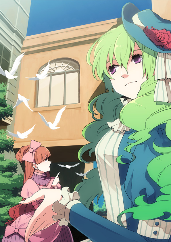 eterno, original, striped, bad id, bad pixiv id, bird, building, curly hair, dove, dress, flower, frills, gown, green hair, hair ribbon, hat, long hair, mini hat, purple eyes, ribbon, rose, smile, victorian