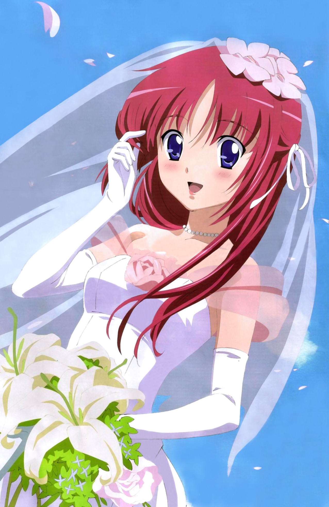 shirakawa kotori, da capo, da capo i, highres, 00s, 1girl, blue eyes, bridal veil, bride, dress, elbow gloves, female focus, flower, gloves, red hair, solo, veil, wedding dress
