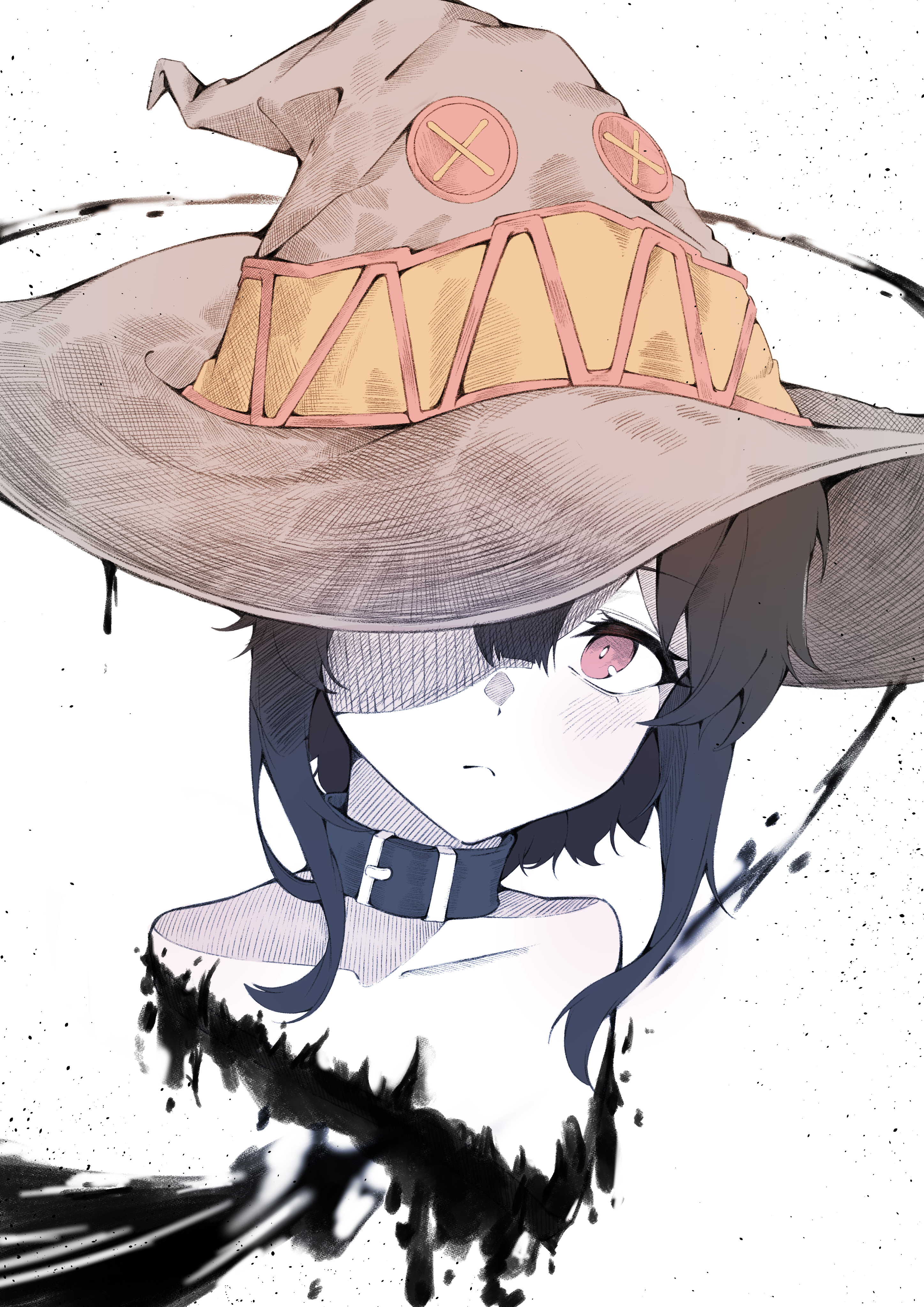 gan jia shu, megumin, kono subarashii sekai ni shukufuku wo!, absurdres, highres, 1girl, blush, closed mouth, frown, looking at viewer, red eyes, simple background, solo, witch