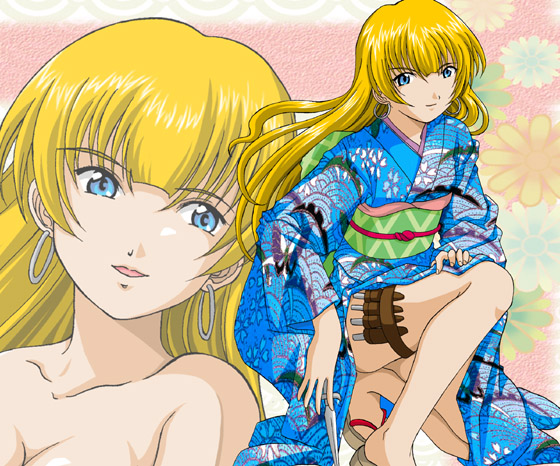 hanzou, ratchet altair, sakura taisen, 00s, 1girl, blonde hair, blue eyes, earrings, japanese clothes, jewelry, knife, leg belt, long hair, nude