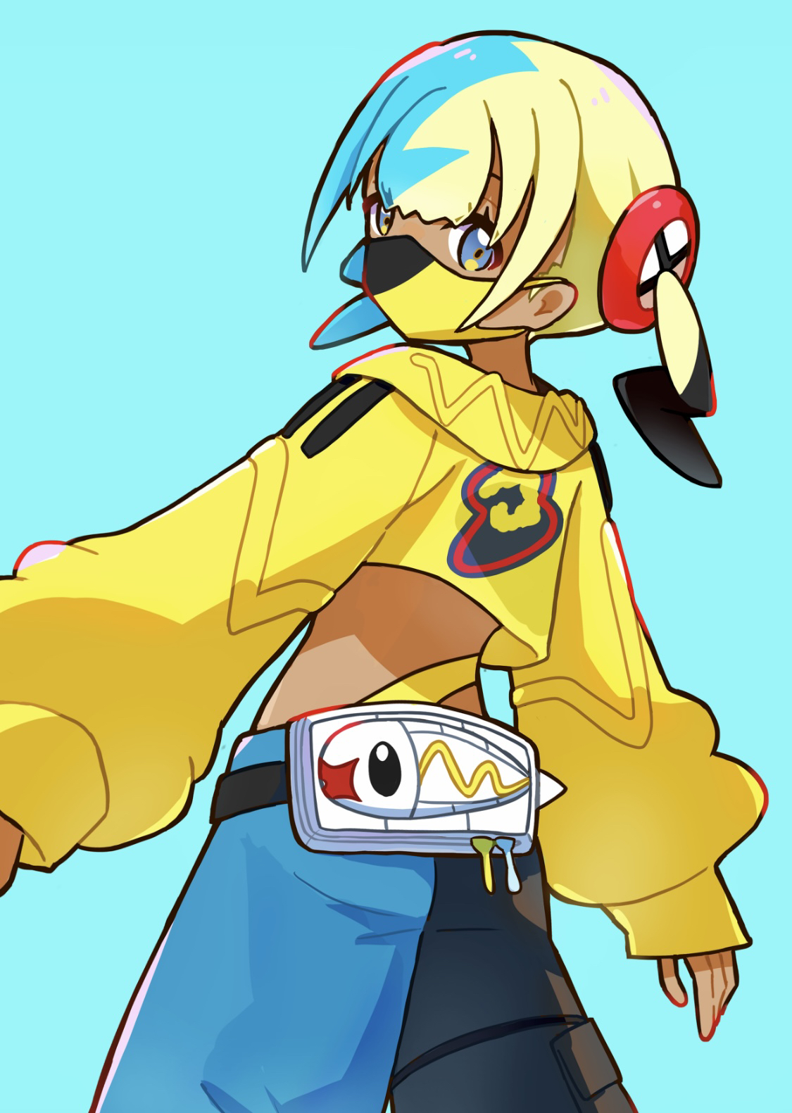 meta-g (curc8737), canari (pokemon), nintendo, pokemon, pokemon legends: z-a, commentary request, highres, 1girl, belt, black belt, blue background, blue eyes, cropped jacket, eyelashes, hood, hood down, hooded jacket, jacket, long sleeves, looking to the side, mask, mouth mask, multicolored hair, pants, short twintails, simple background, twintails, white bag, yellow jacket